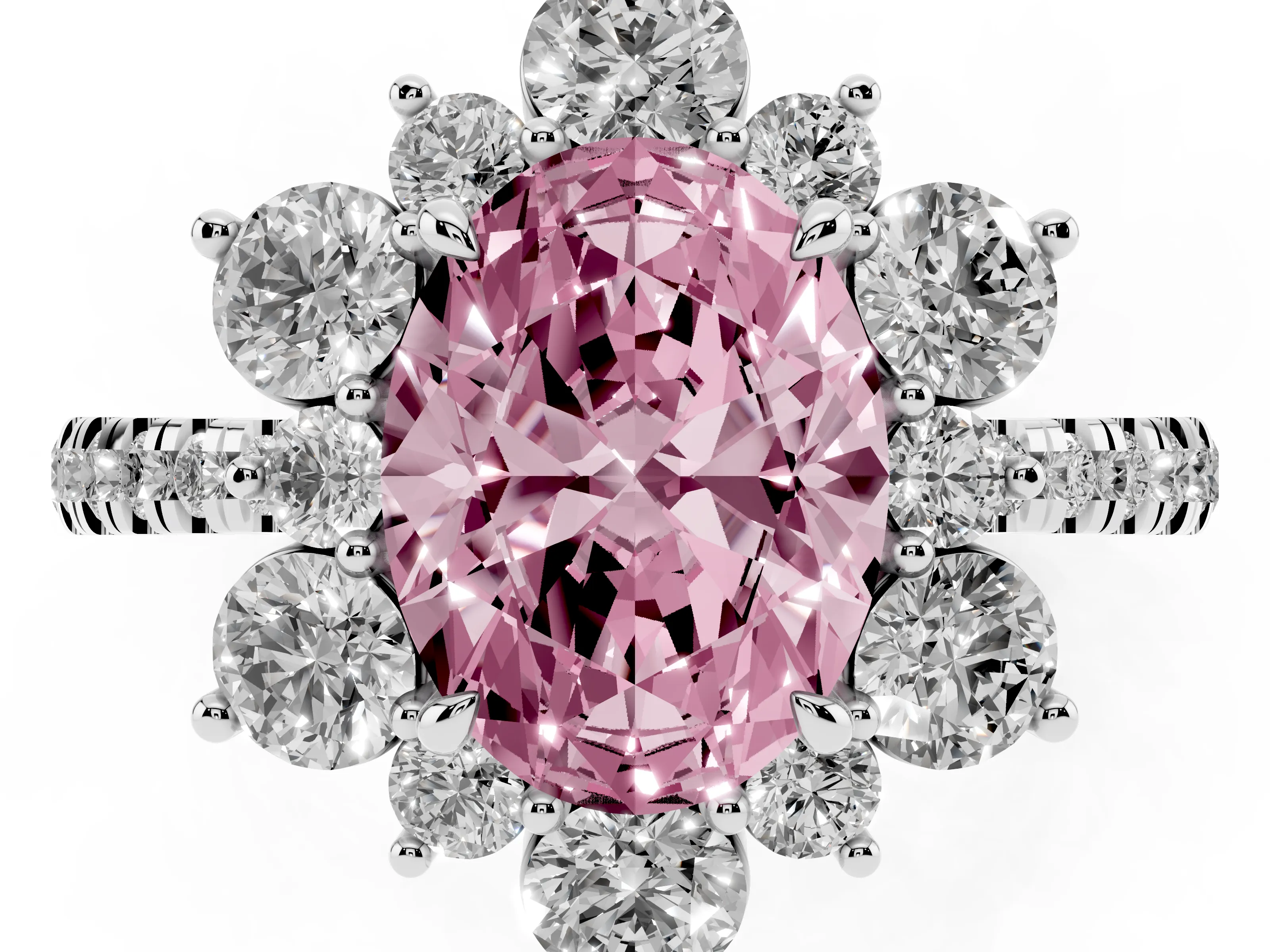 Fancy Pink Oval Cut Diamond Floral Halo Ring Set in Platinum with Round Pavé Band and Prong Setting