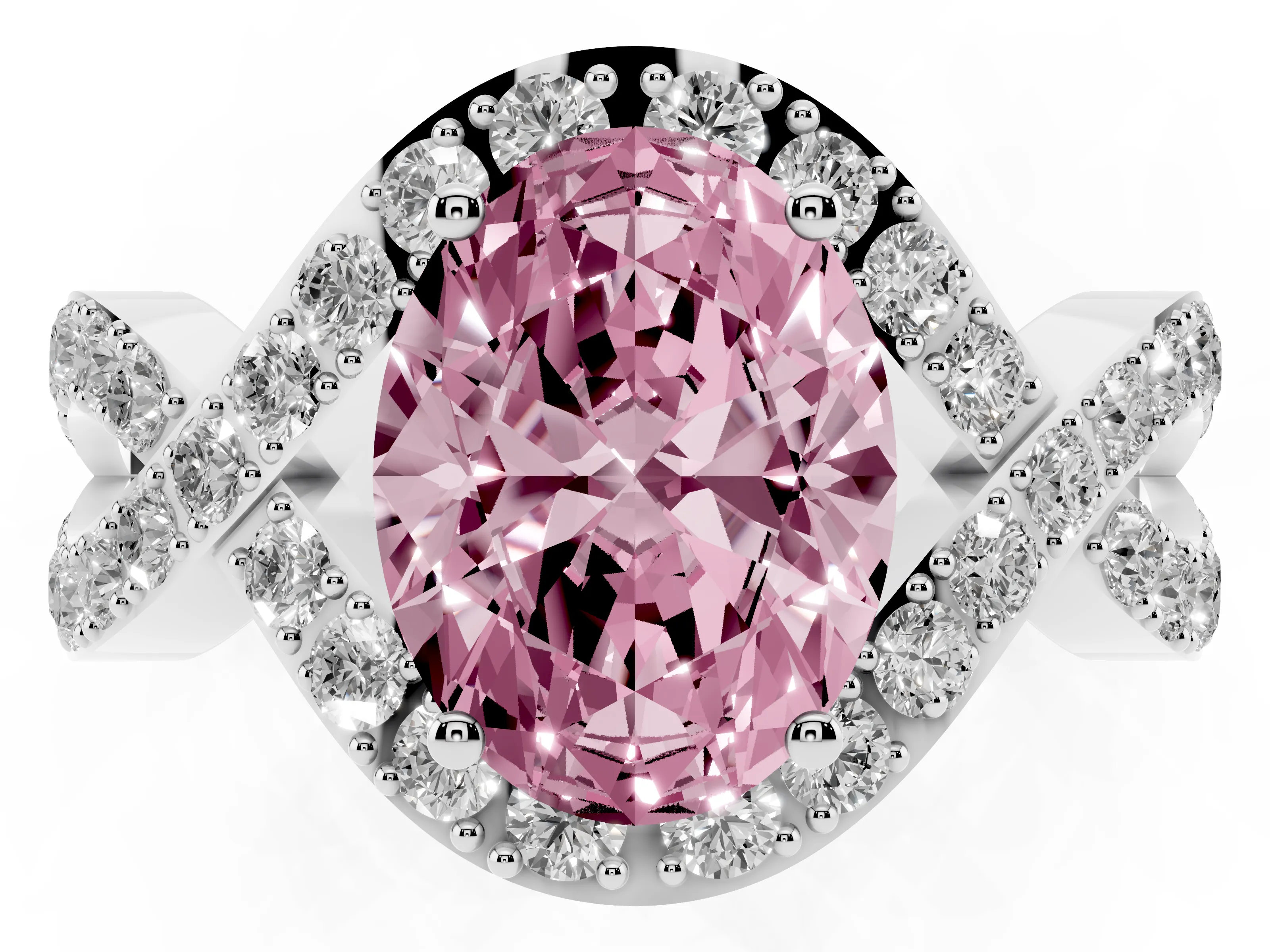 Fancy Pink Oval Cut Diamond Solitaire Twist Band Pavé Engagement Ring Set in Platinum