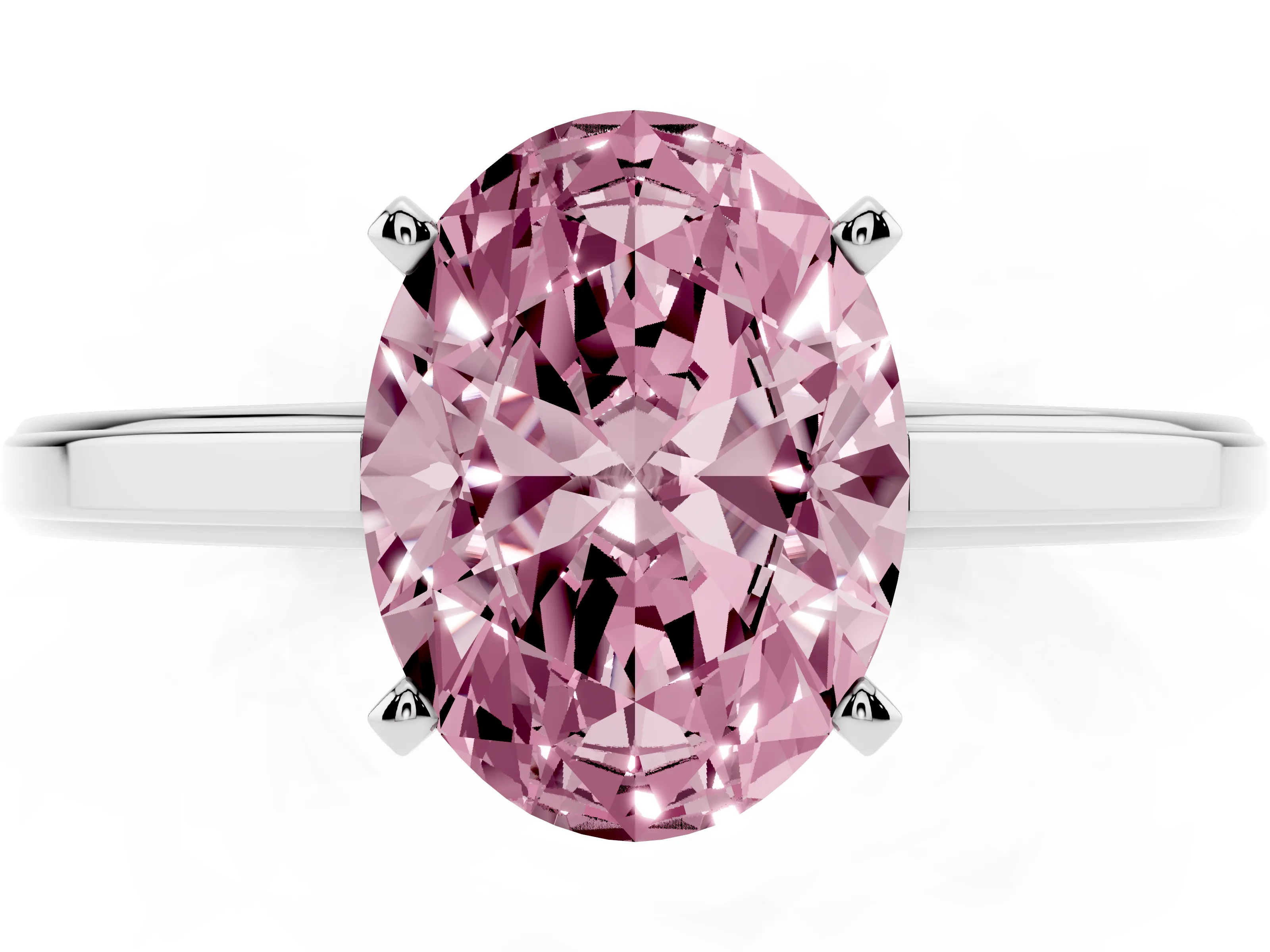 Fancy Pink Oval Cut Diamond Solitaire Ring Set in Platinum with Prong Setting and Classic Band