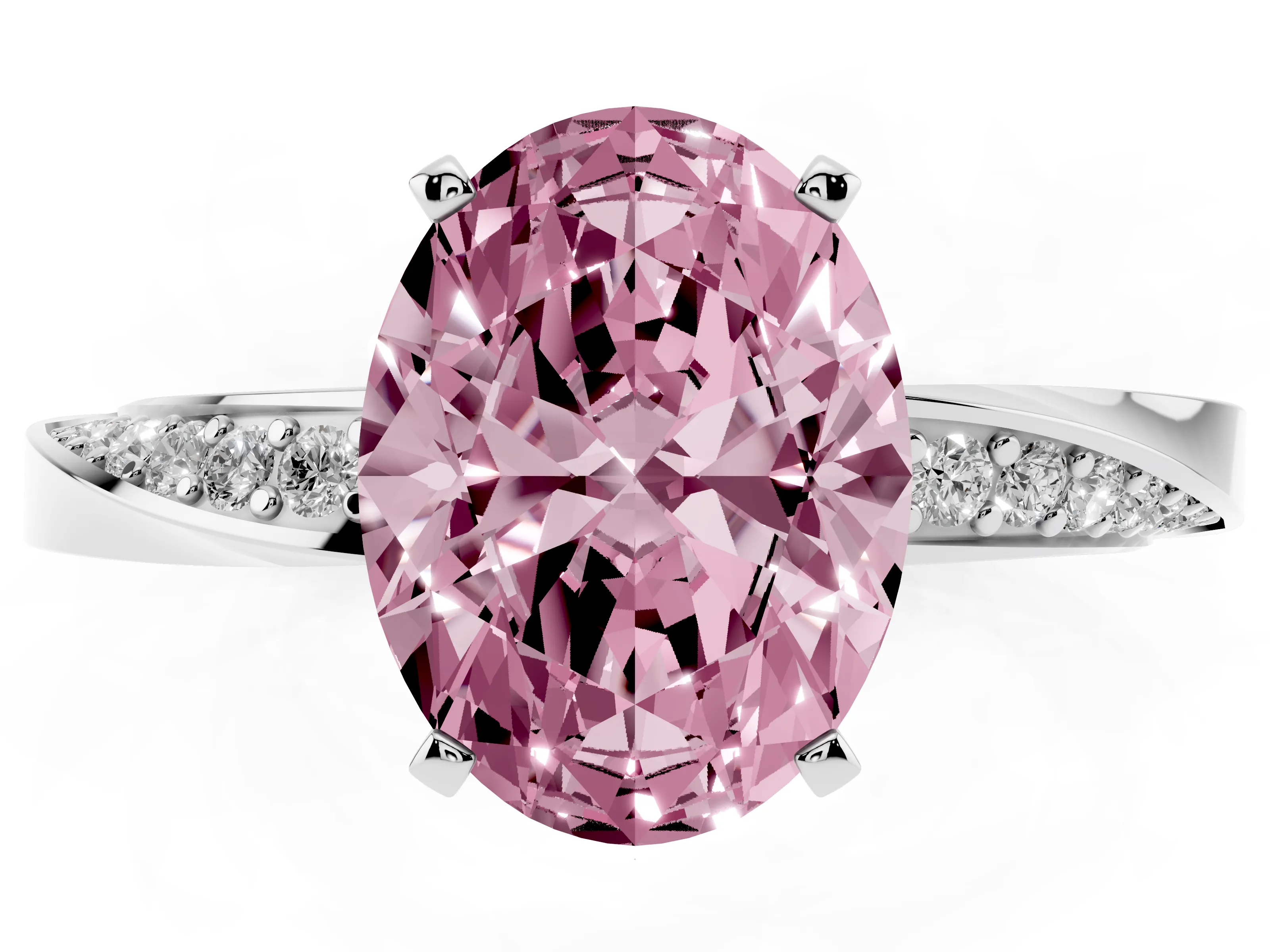 Fancy Pink Oval Cut Diamond Engagement Ring Set in White gold with Side Stone Accents and Prong Setting