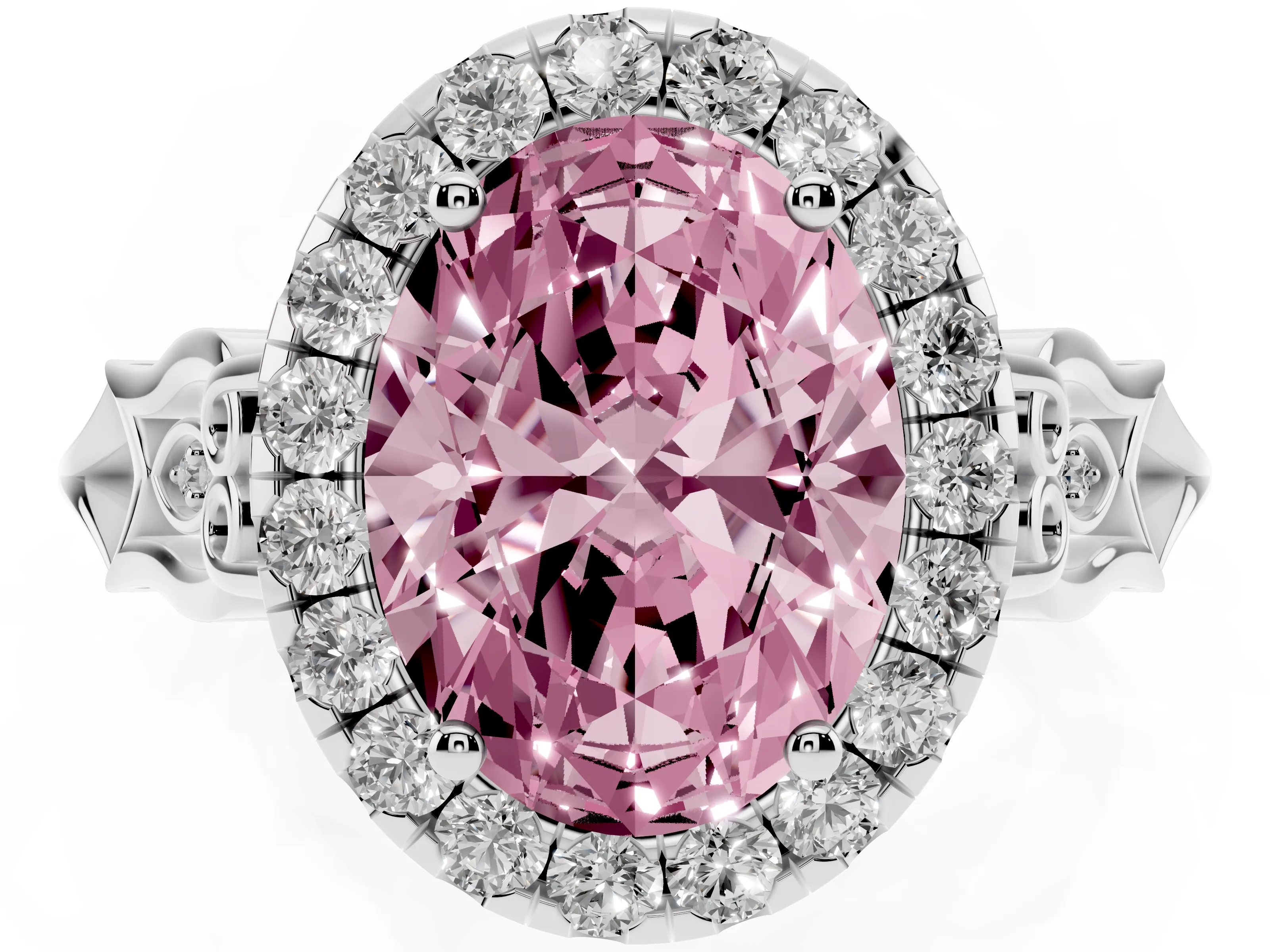 Fancy Pink Oval Cut Diamond Halo Engagement Ring Set in Platinum with Filigree Band and Prong-Set Center