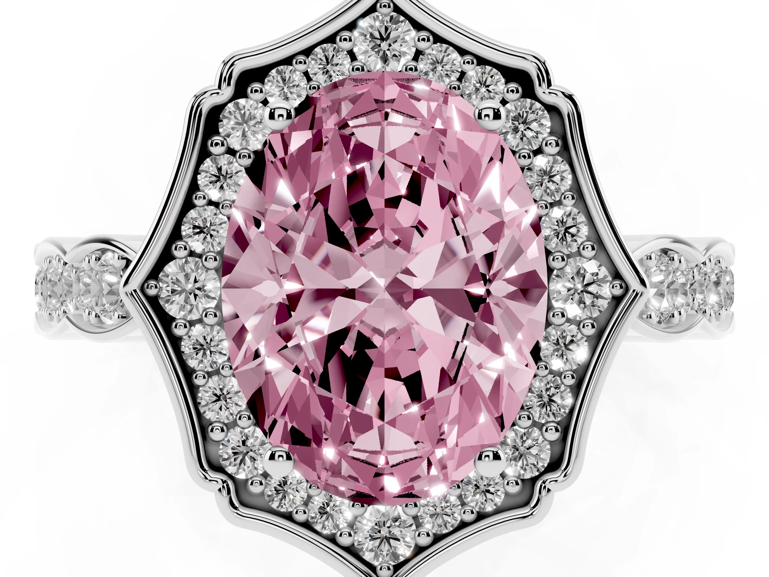 Fancy Pink Oval Cut Diamond Halo Engagement Ring Set in White gold with Milgrain Band and Prong Setting