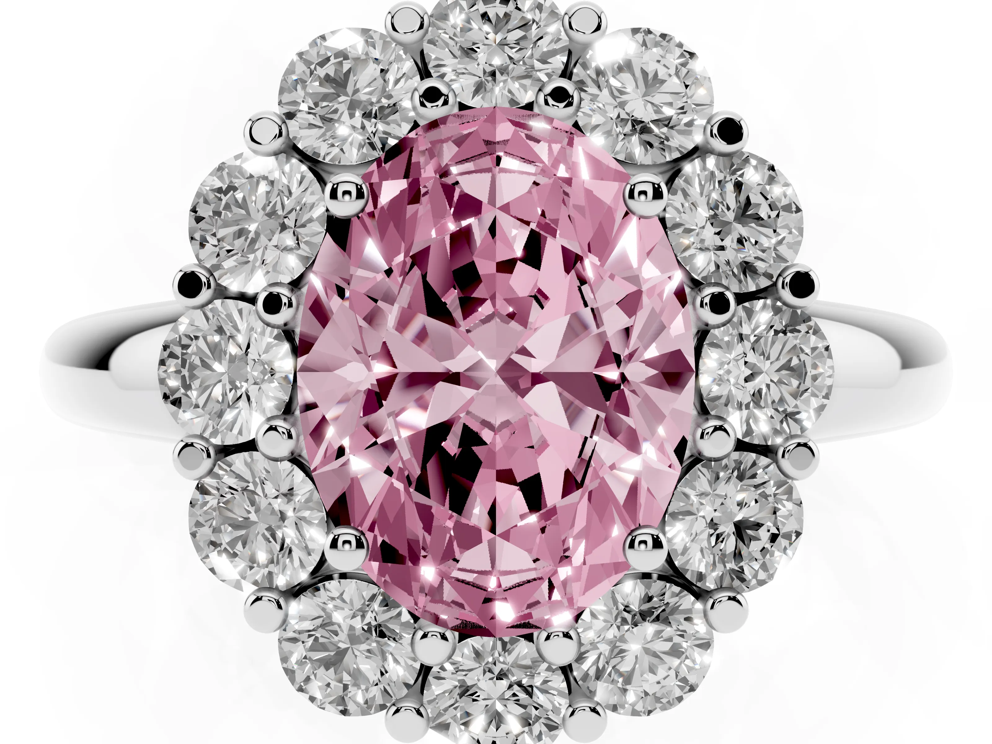 Fancy Pink Oval Cut Diamond Halo Cluster Engagement Ring Set in Silver with Polished Band and Prong Setting
