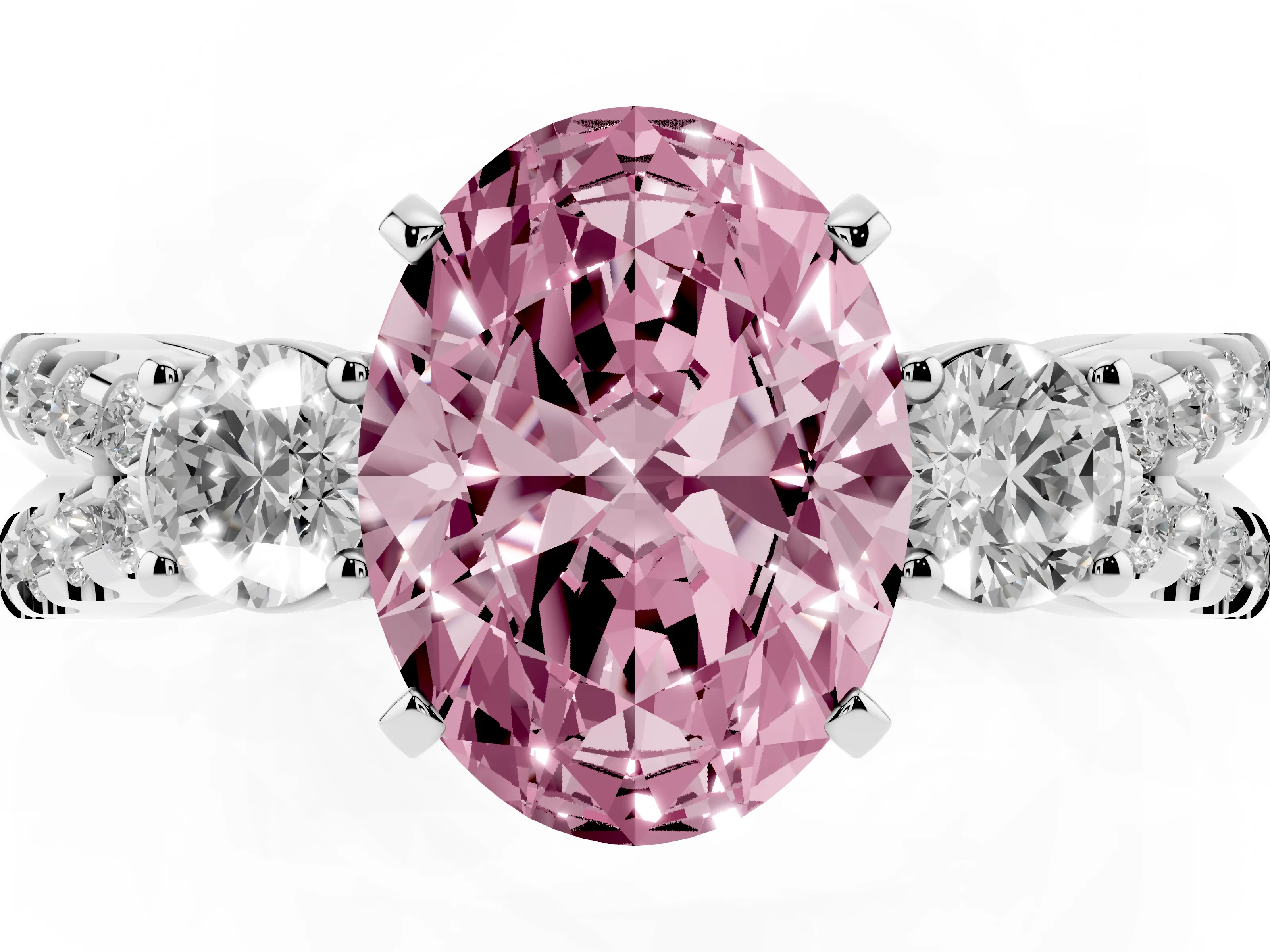 Fancy Pink Oval Cut Diamond Three-Stone Ring Set in White gold with Pavé Split Shank and Prong Setting