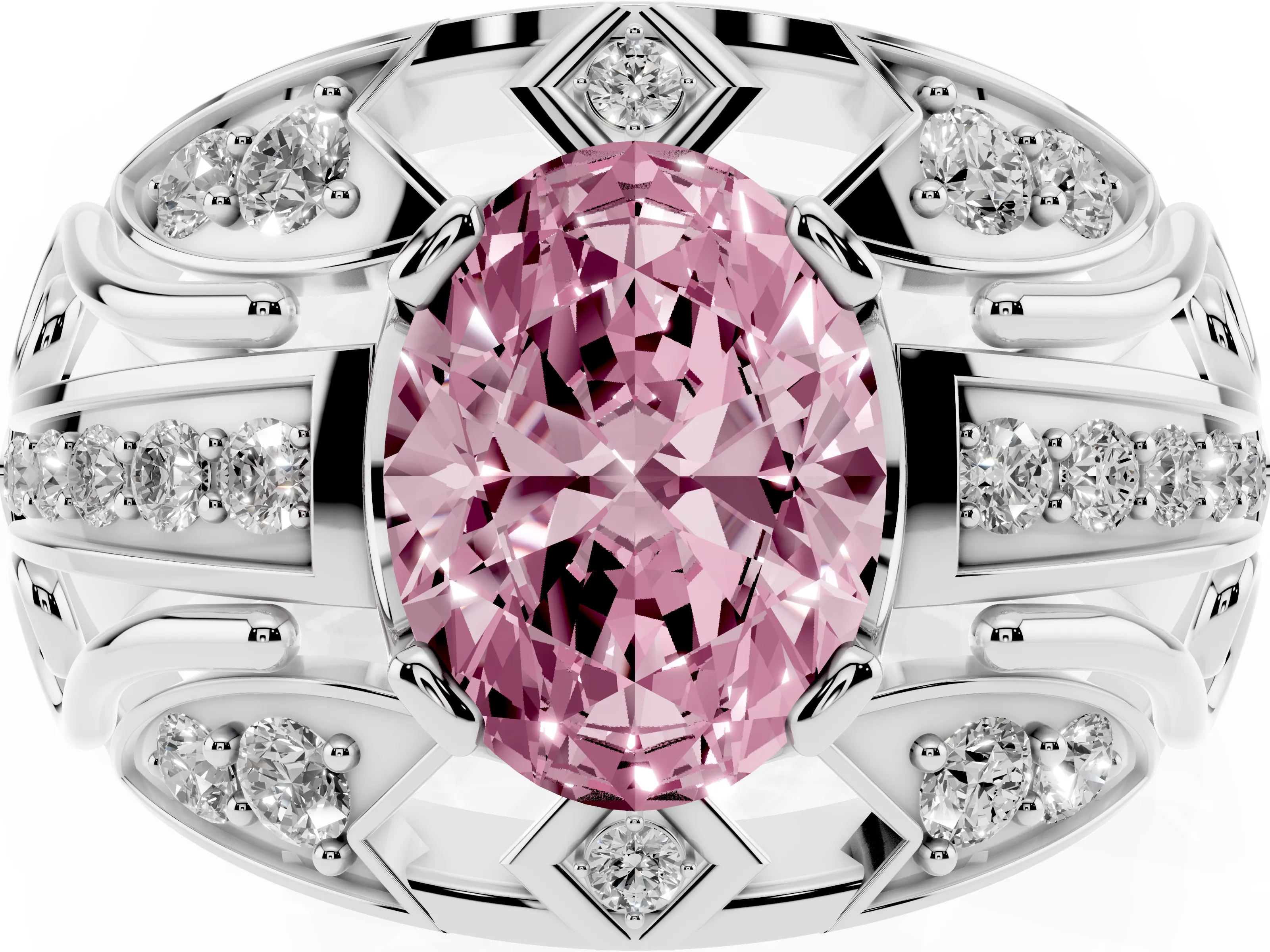 Fancy Pink Oval Cut Diamond Art Deco Ring Set in Silver with Pavé Split Shank