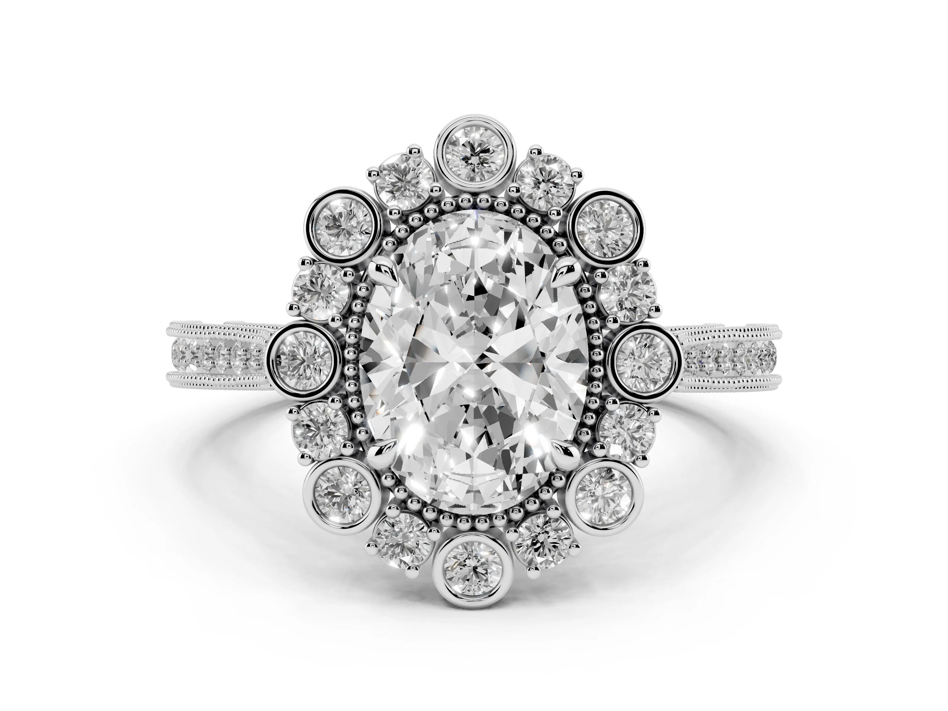 Oval Cut Diamond Halo Milgrain Pavé Ring Set in Platinum with Prong Setting