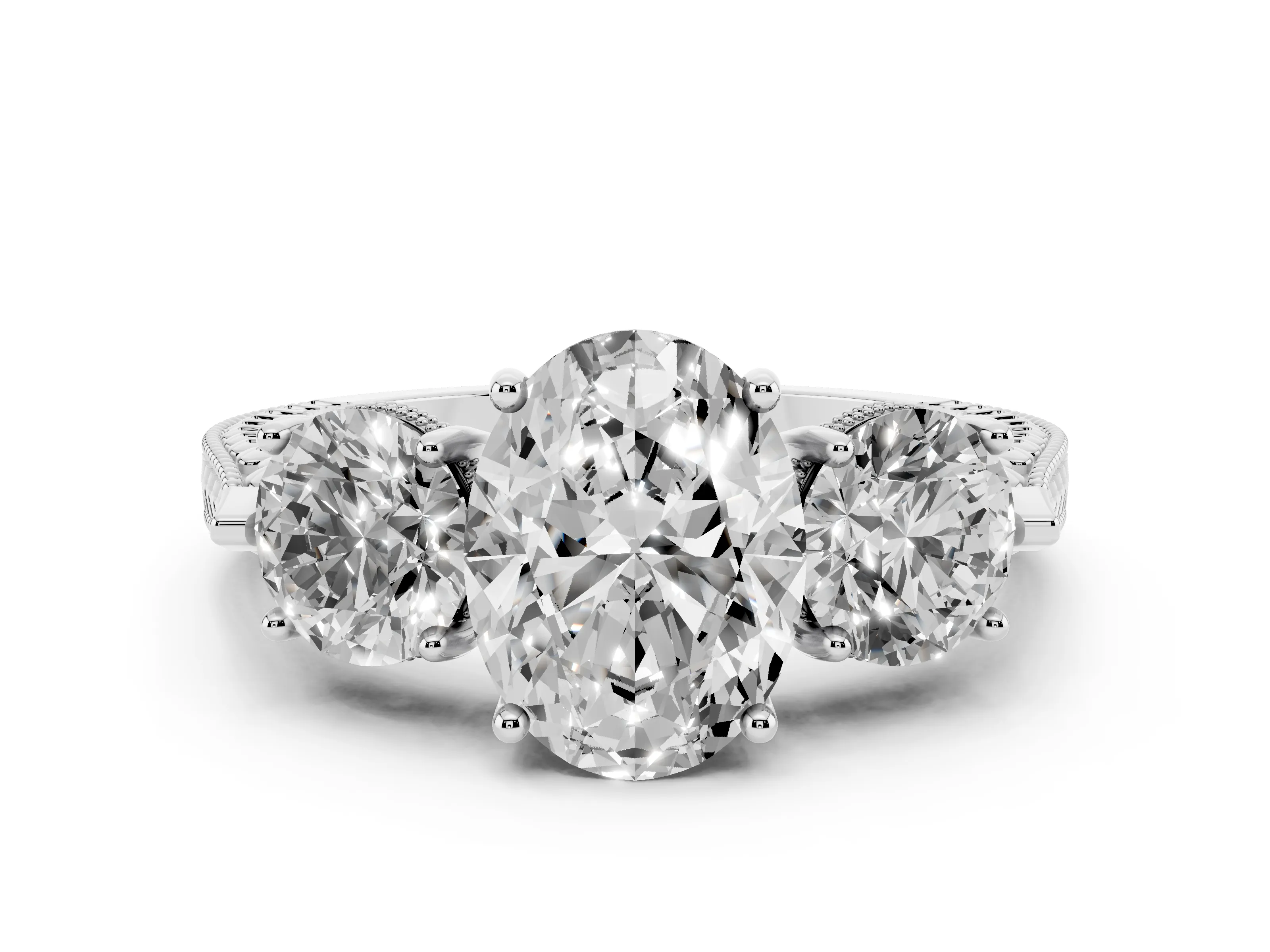 Oval Cut Diamond Three-Stone Ring Set in Silver with Milgrain Band