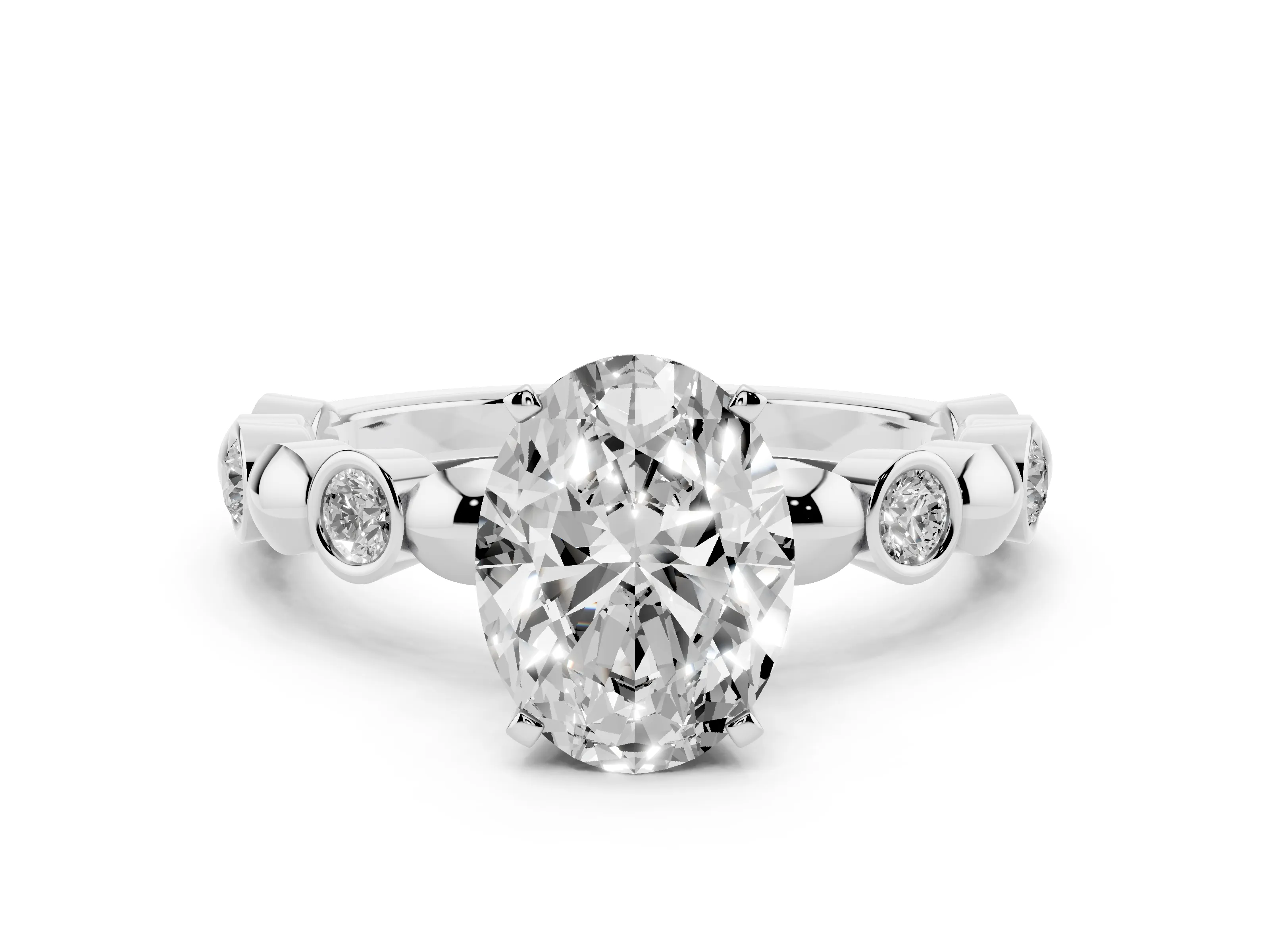 Oval Cut Diamond Solitaire Ring Set in White gold with Bezel-Set Accents on Beaded Band and Prong Setting