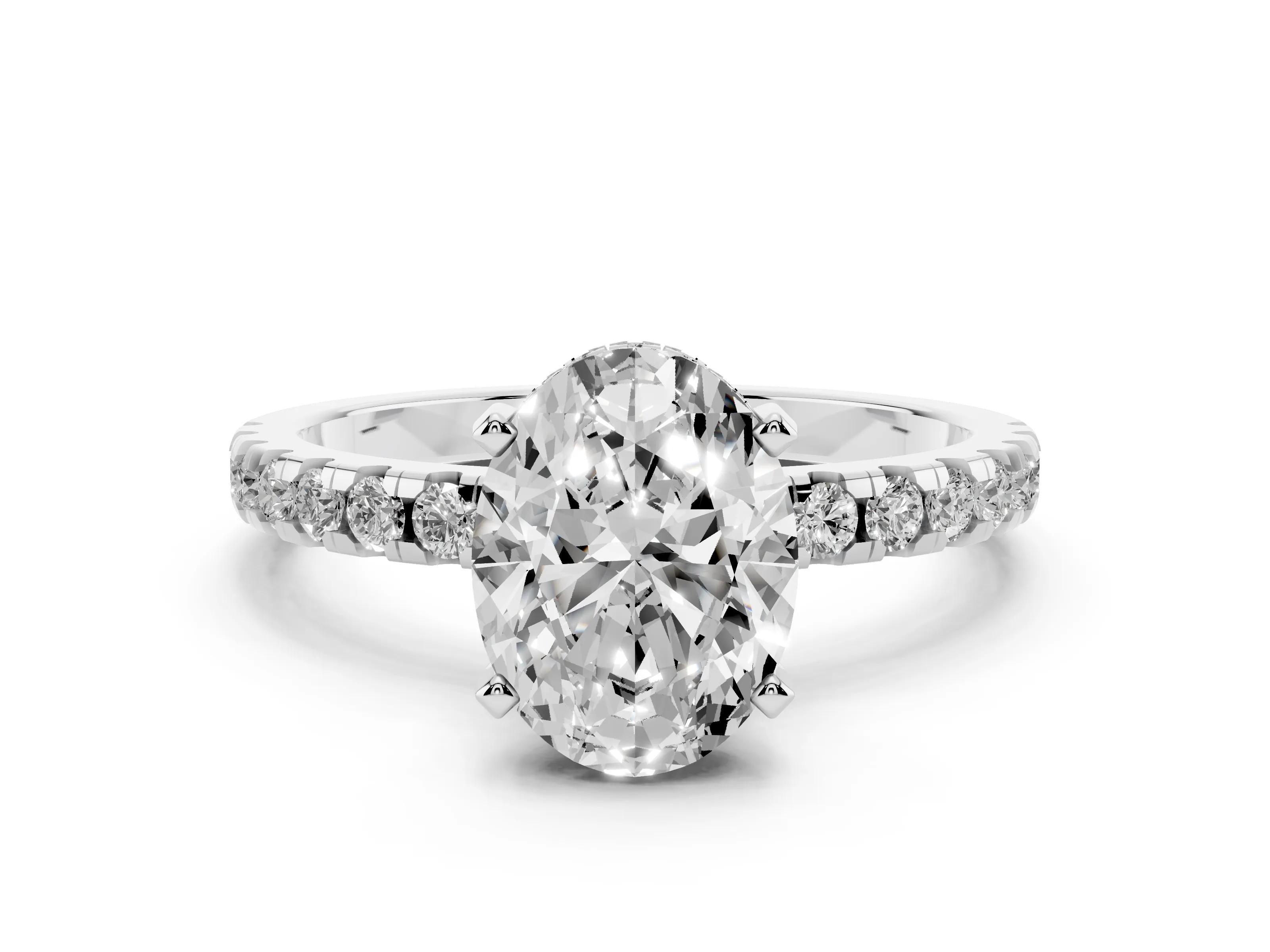 Oval Cut Diamond Pavé Solitaire Ring Set in Platinum with Round Band Accents and Prong Setting