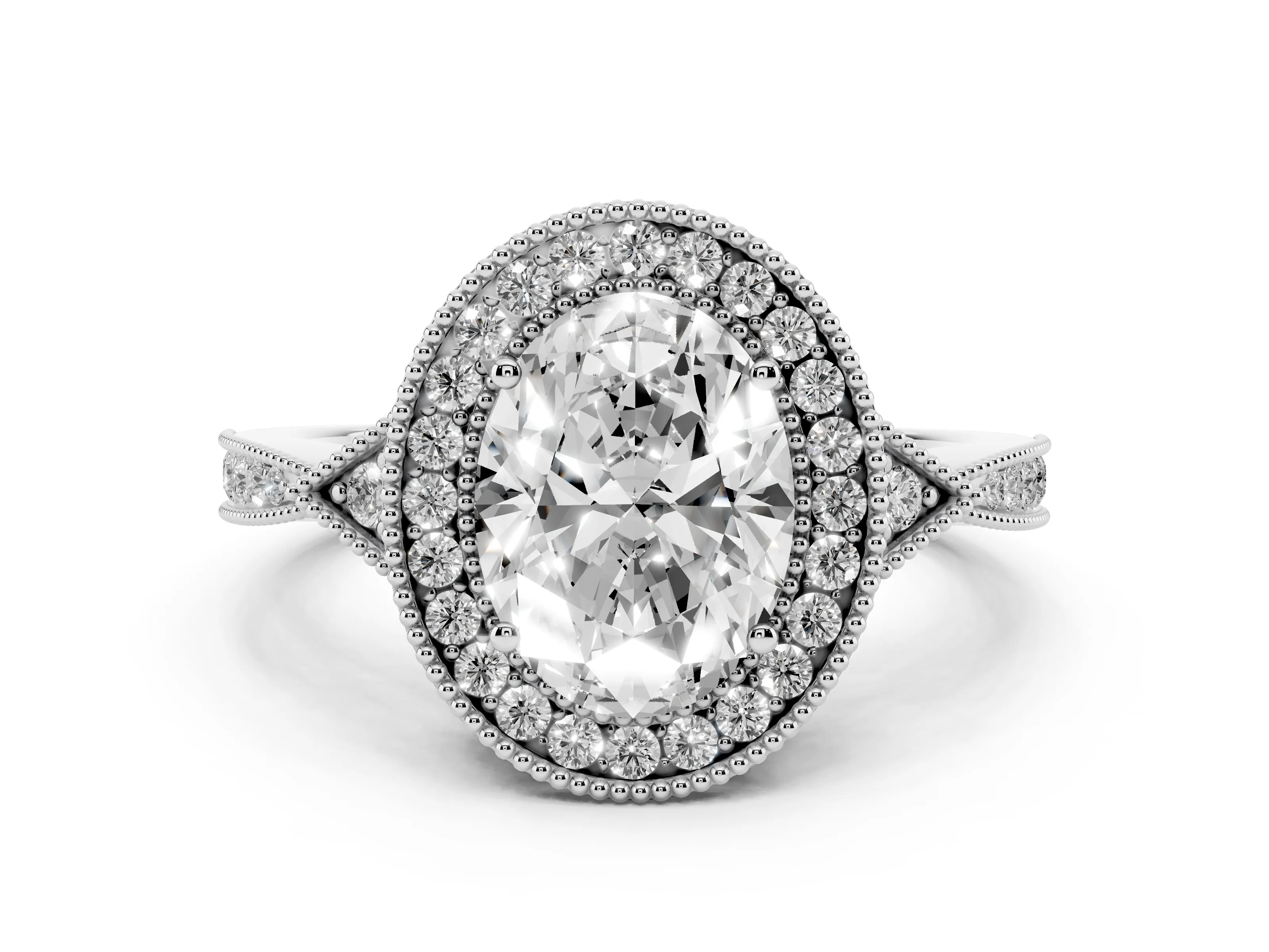 Oval Cut Diamond Halo Engagement Ring Set in Silver with Milgrain Pavé Band