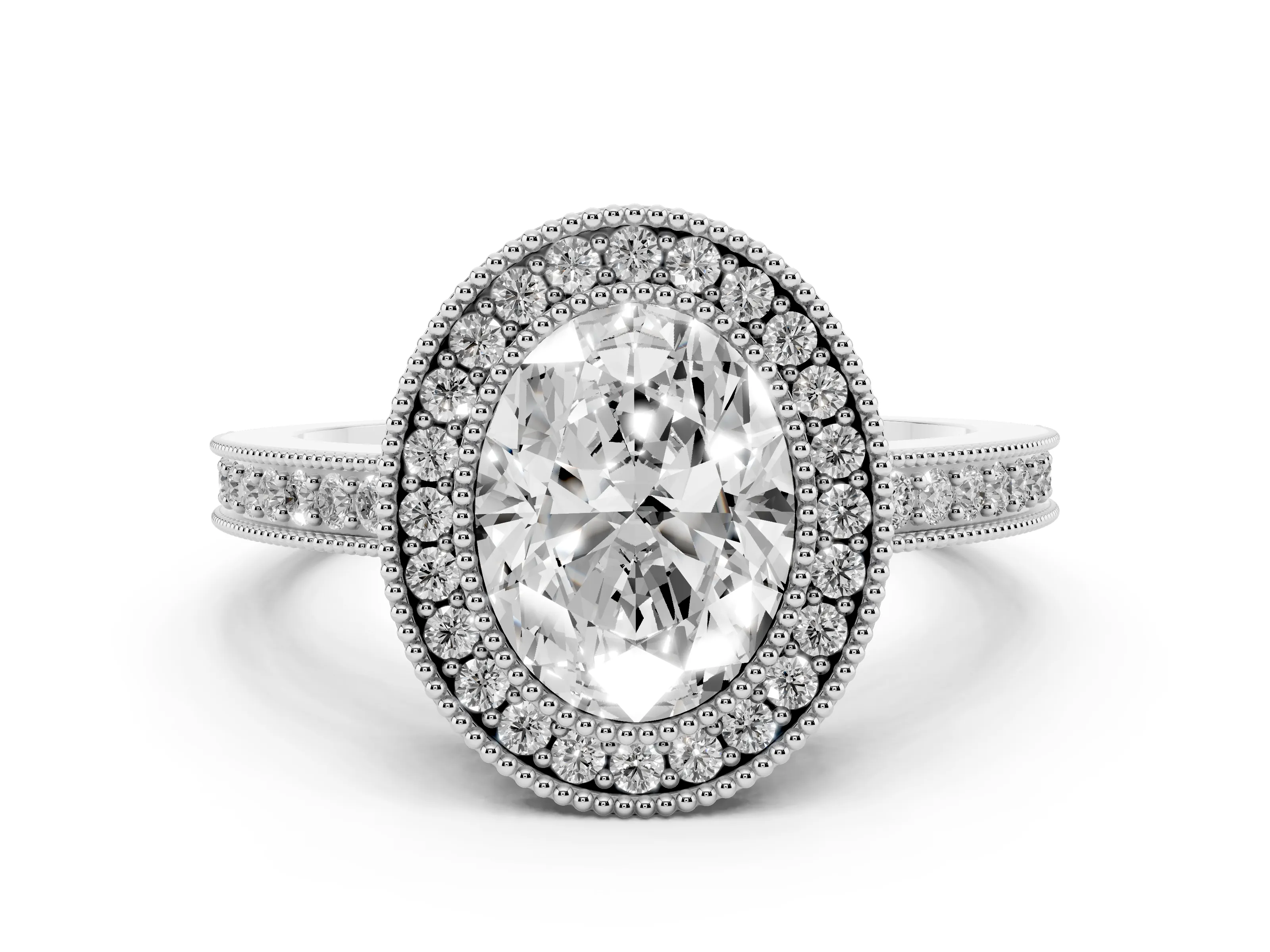 Oval Cut Diamond Round Halo Ring Set in White gold with Pavé Band