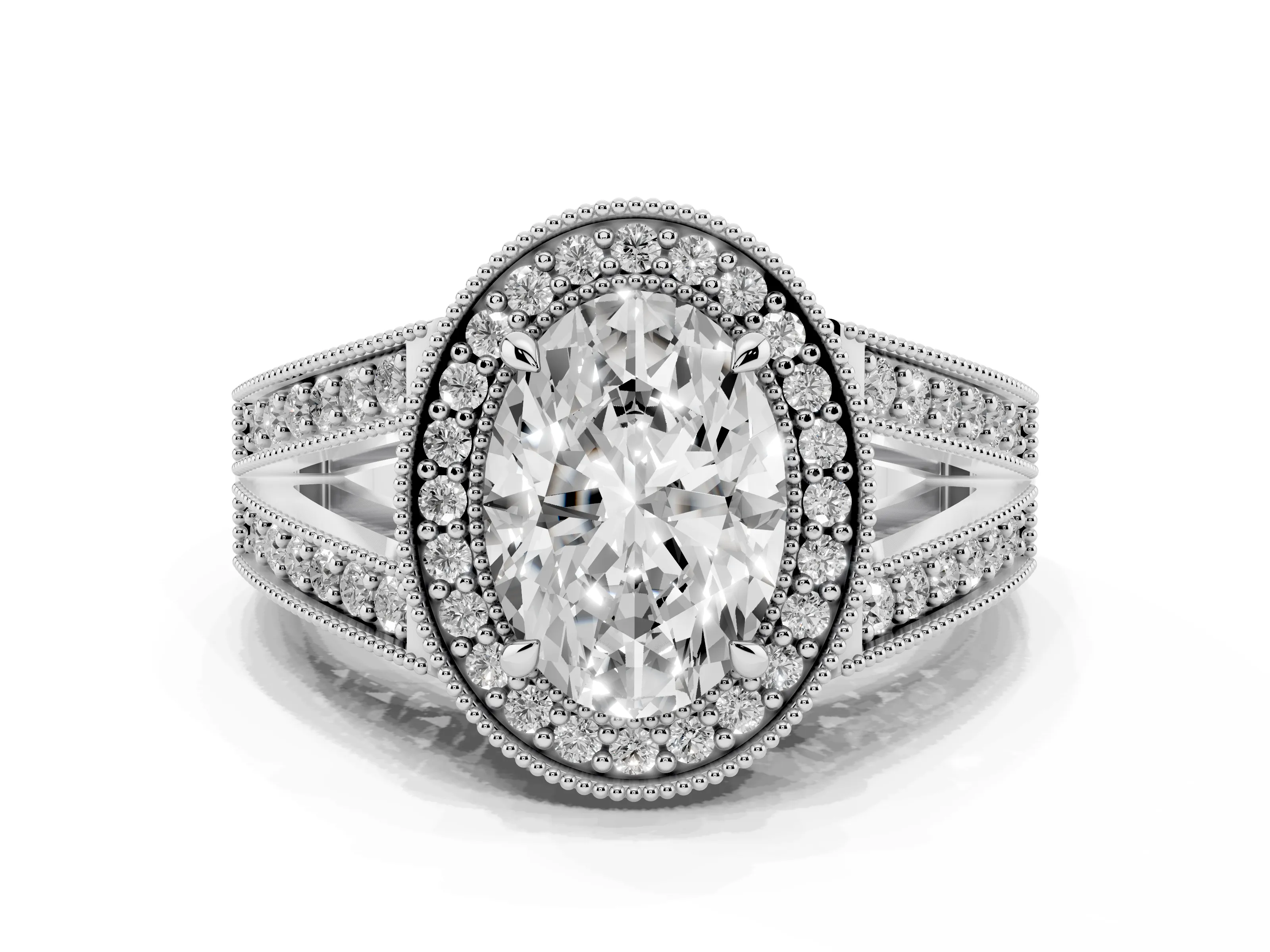 Oval Cut Diamond Halo Ring Set in Platinum with Stone-Set Split Shank and Milgrain Edges