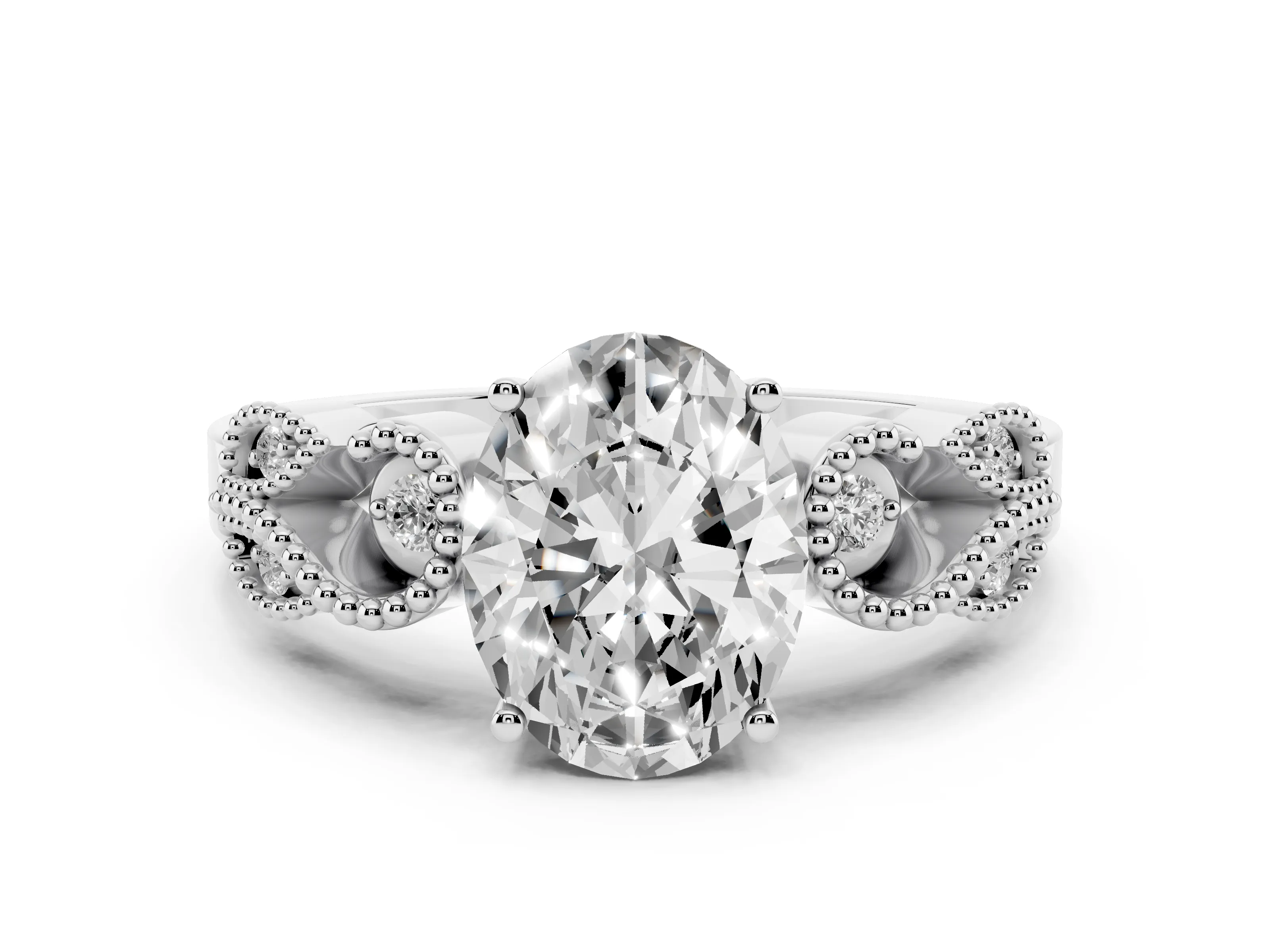 Oval Cut Diamond Milgrain Leaf Band Solitaire Ring Set in Platinum with Accent Stones and Prong Setting