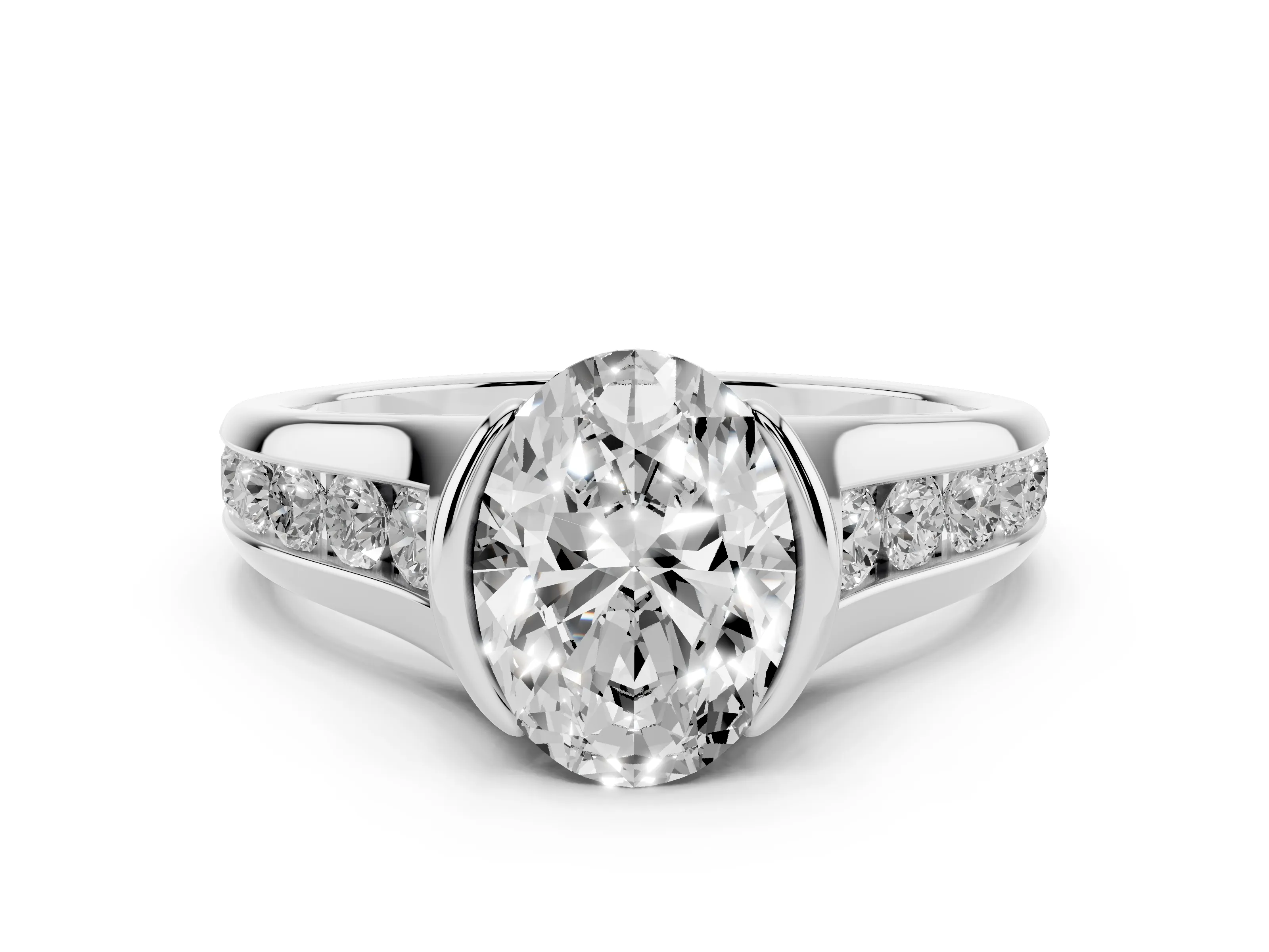 Oval Cut Diamond Bezel-Set Solitaire Ring Set in Platinum with Channel-Set Band