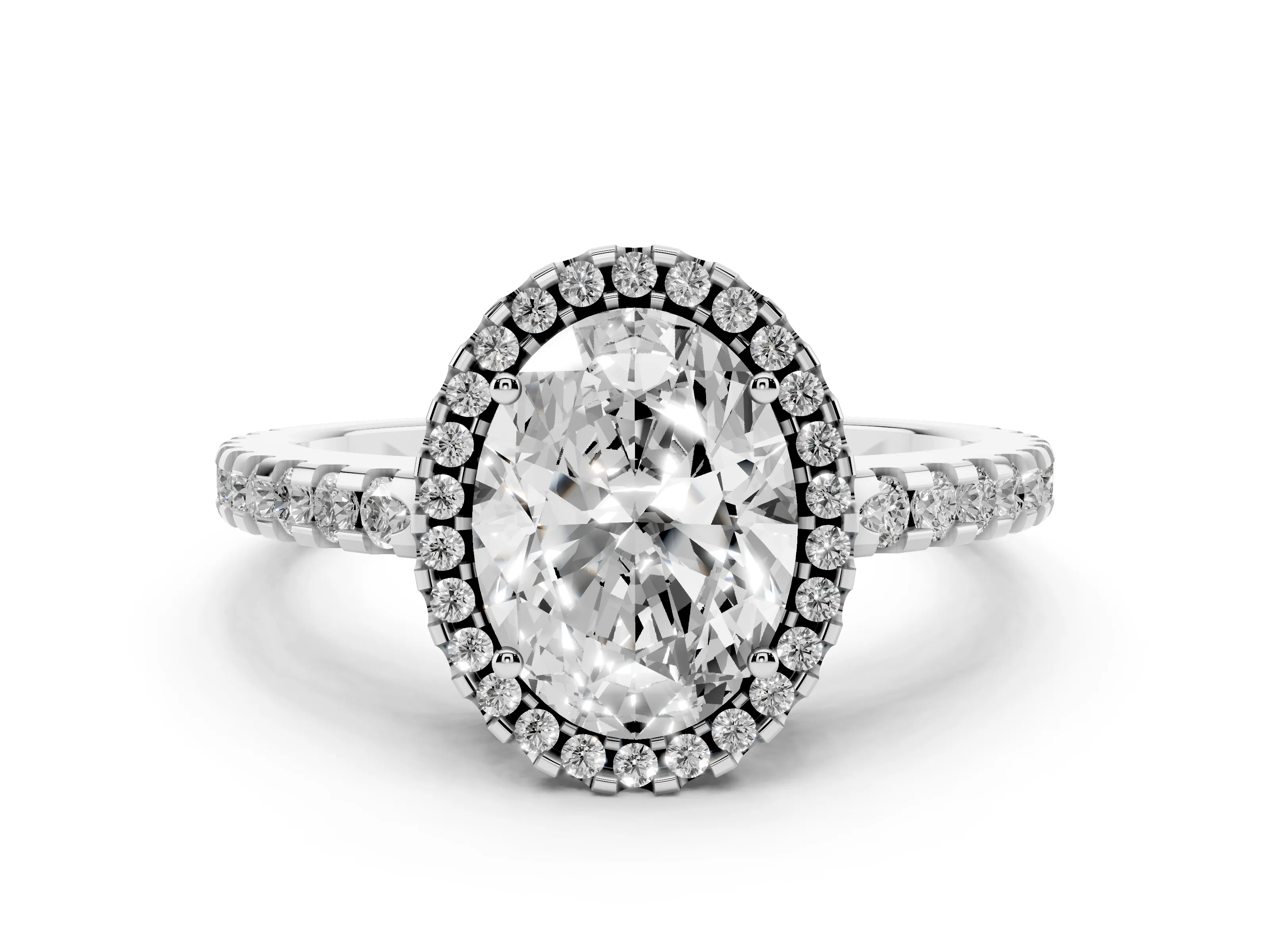 Oval Cut Diamond Halo Ring Set in Platinum with Pavé Shoulders and Halo-Framed Center