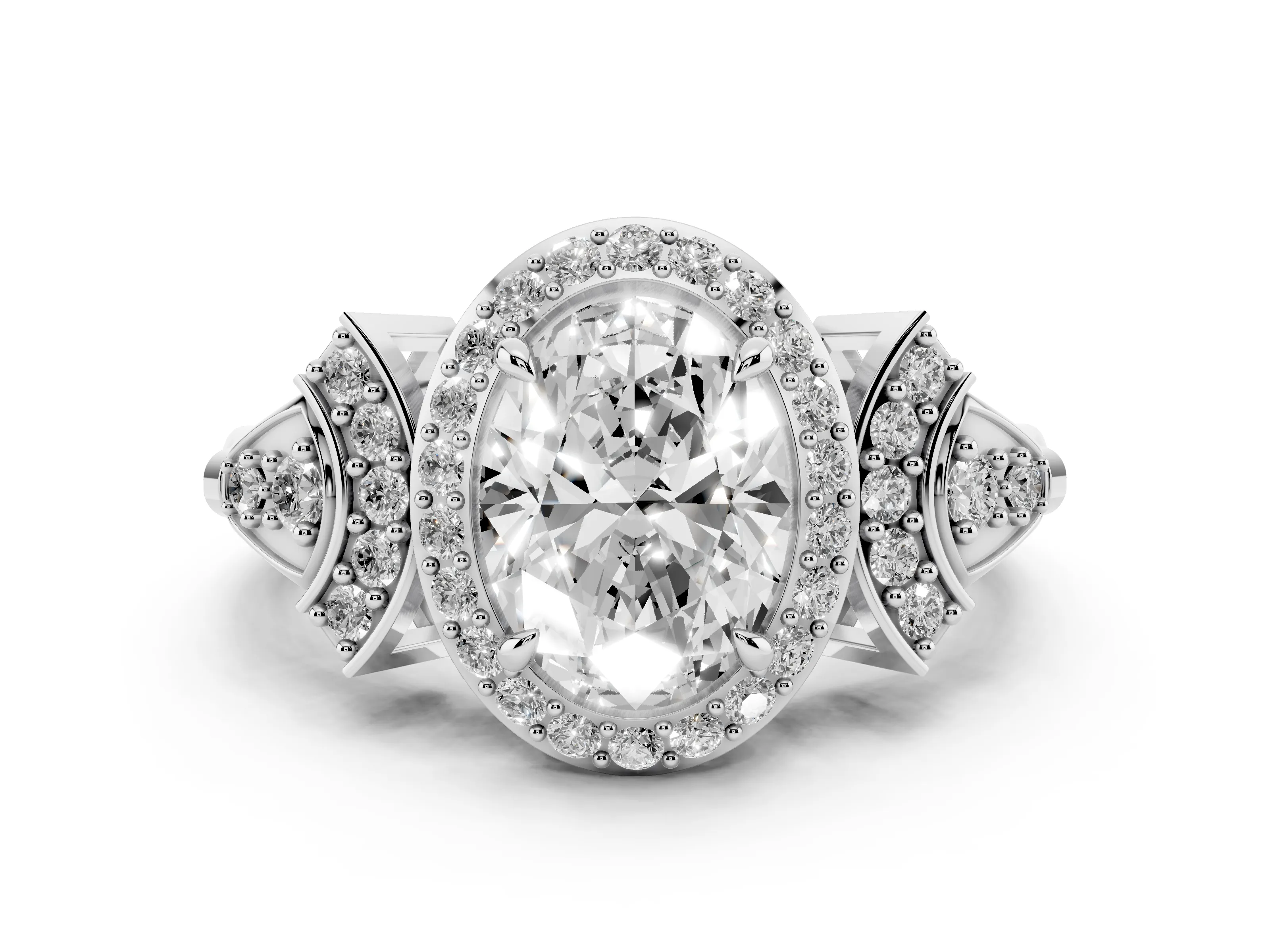 Oval Cut Diamond Halo Engagement Ring Set in Silver with Accent Stone Split Shank