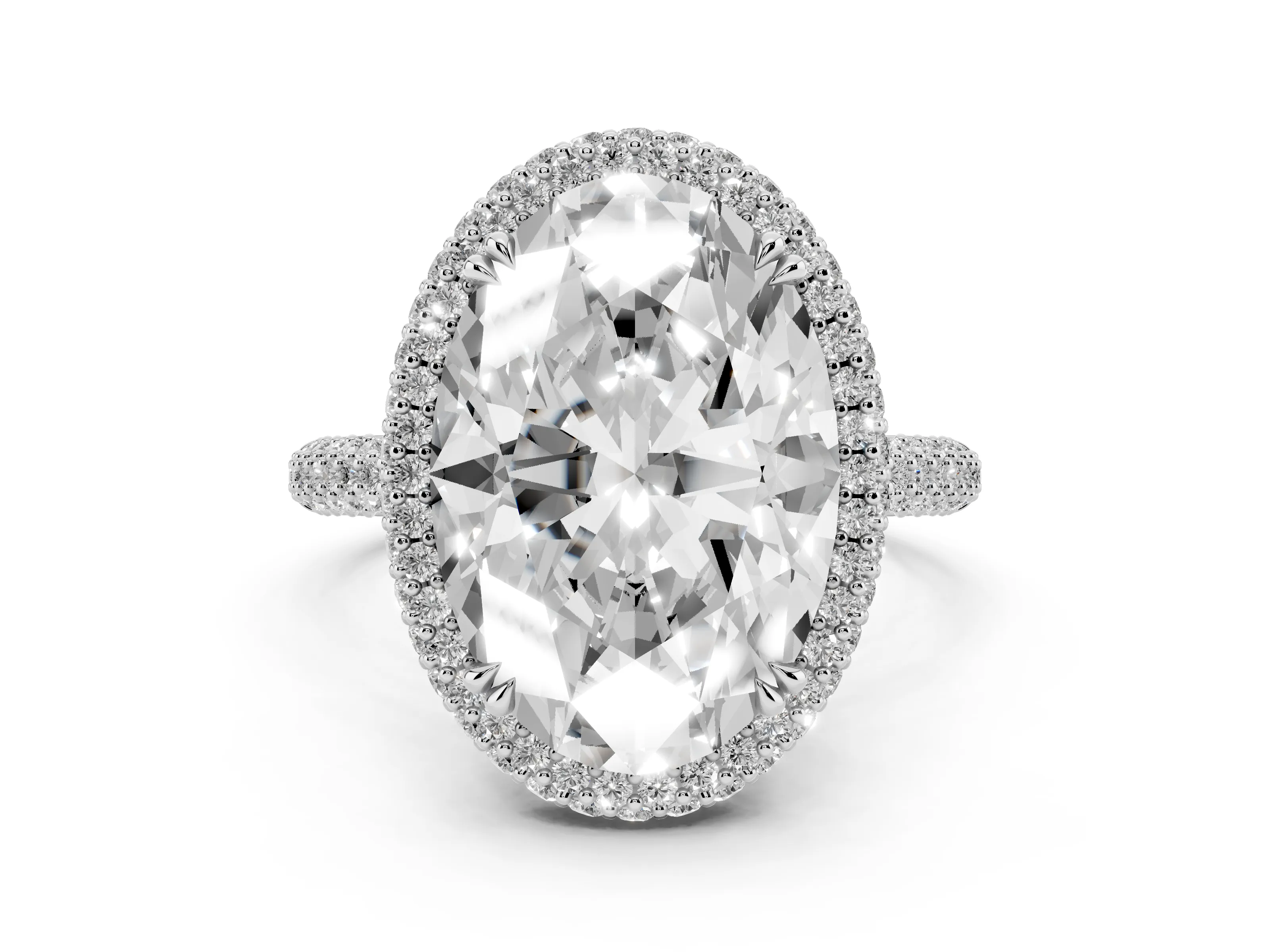 Oval Diamond Halo Ring Set in Platinum with Round Accent Halo and Pavé Band