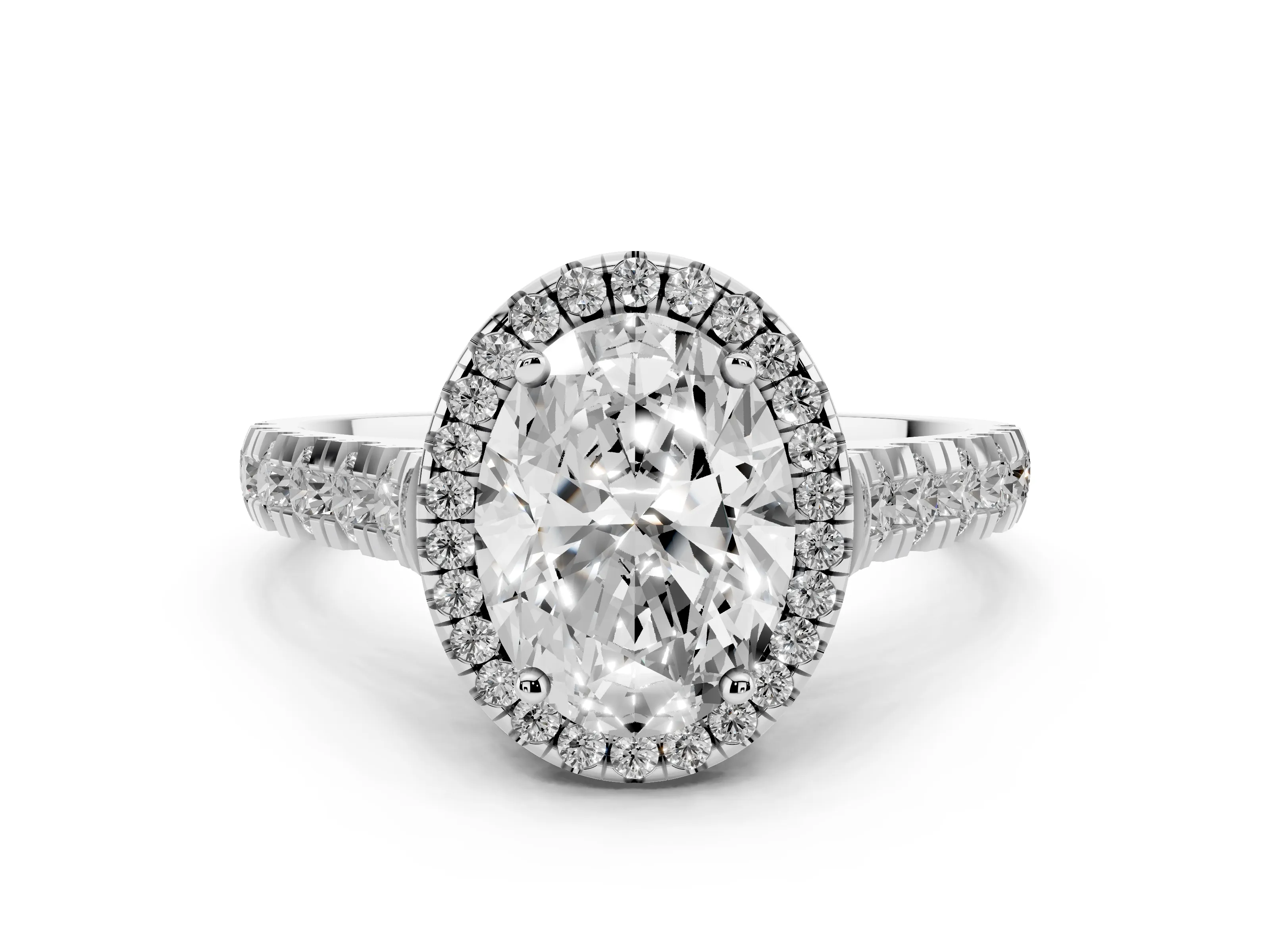 Oval Cut Diamond Halo Engagement Ring Set in White gold with Pavé Band and Prong-Set Center