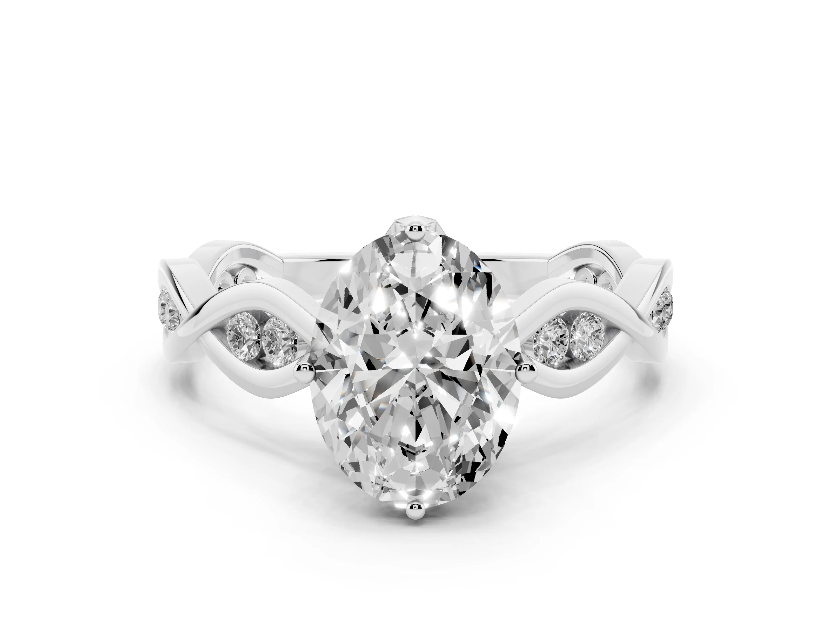 Oval Cut Diamond Twist Band Solitaire Ring Set in White gold with Leaf Prong Setting and Accent Stones