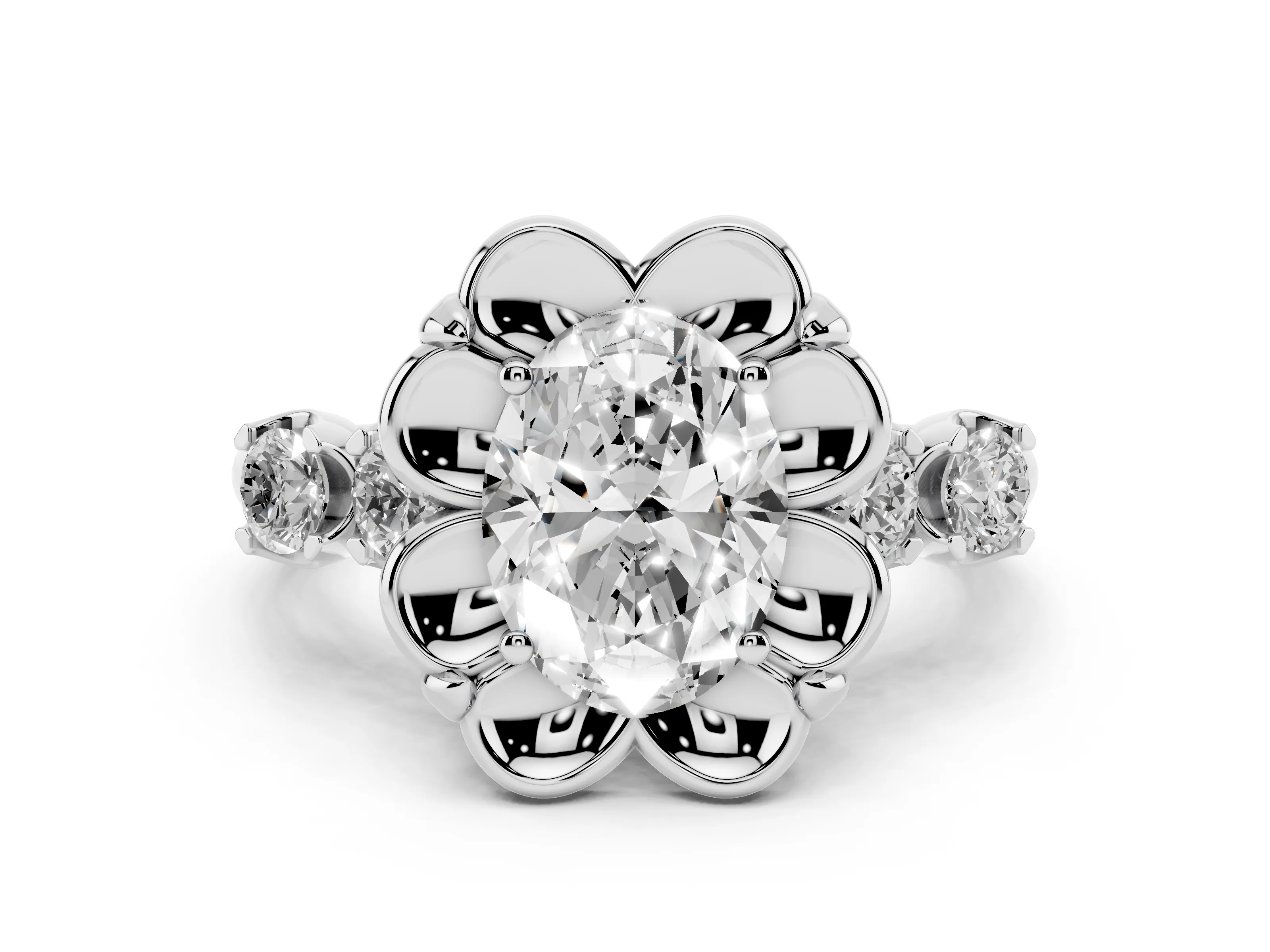 Oval Cut Diamond Floral Halo Ring Set in Silver with Shared Prong Band