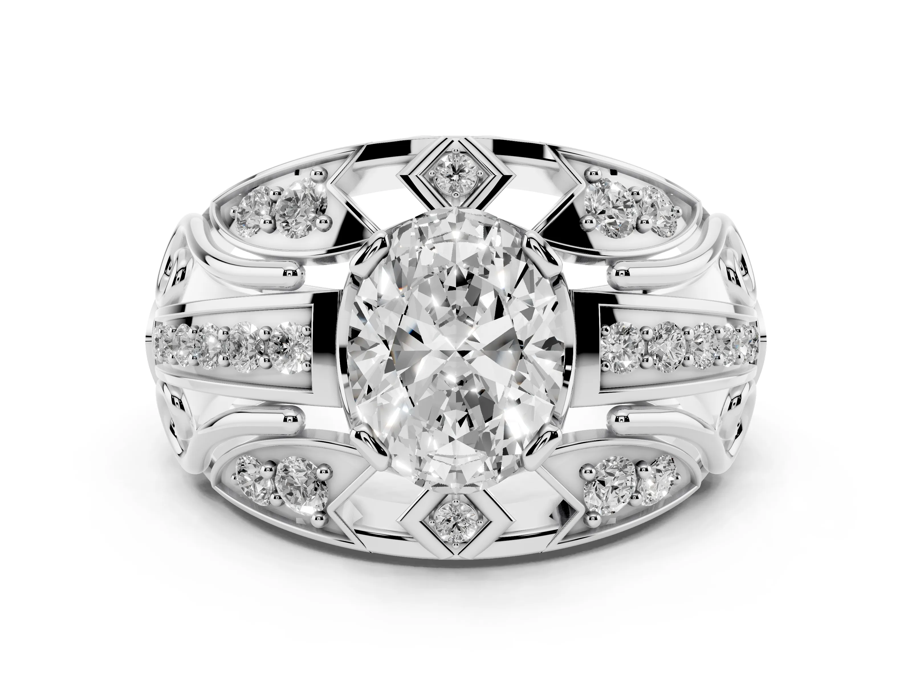 Oval Cut Diamond Art Deco Ring Set in White gold with Pavé Split Shank