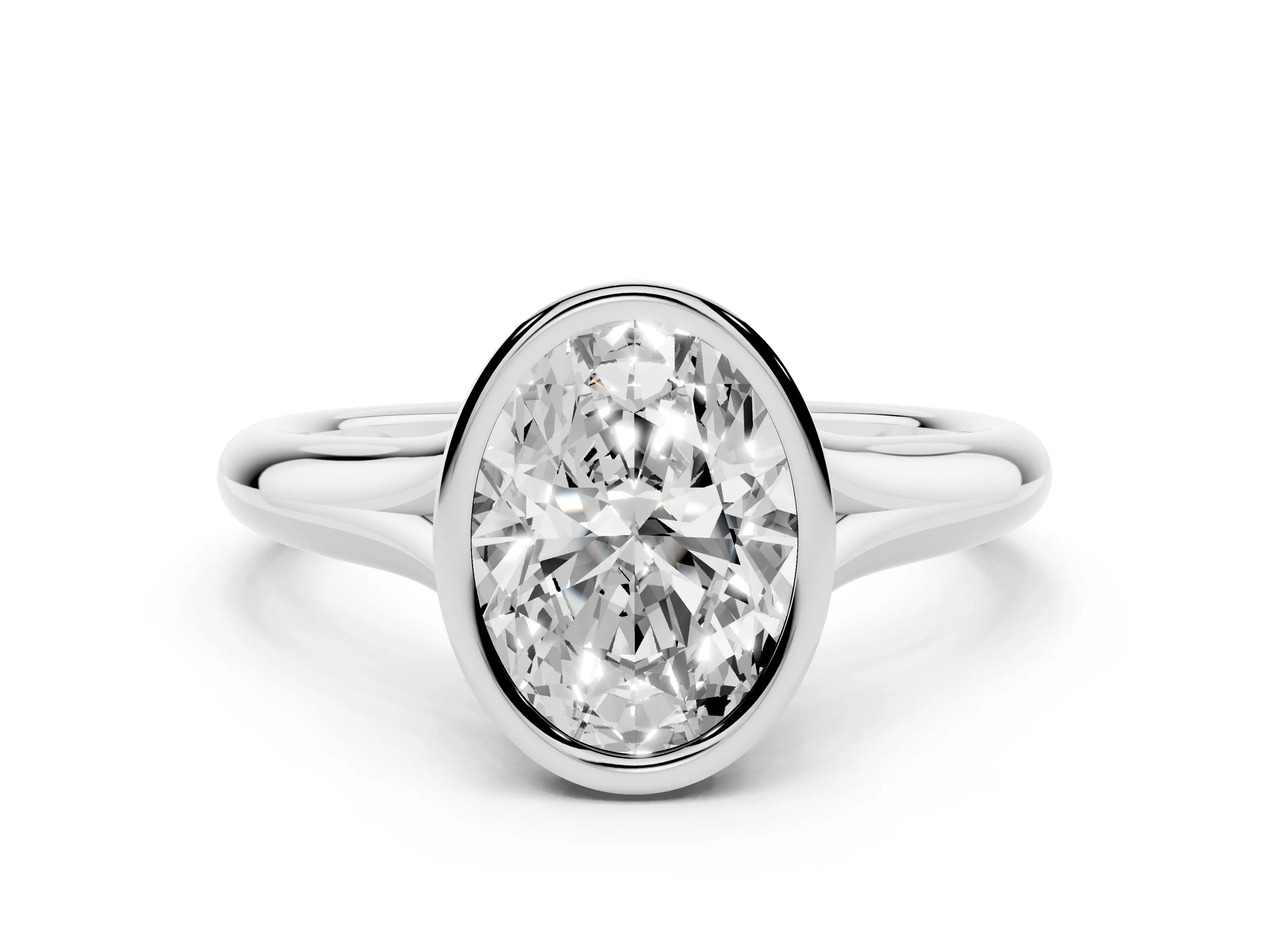 Bezel Set Oval Cut Diamond Solitaire Ring Set in White gold with Smooth Band