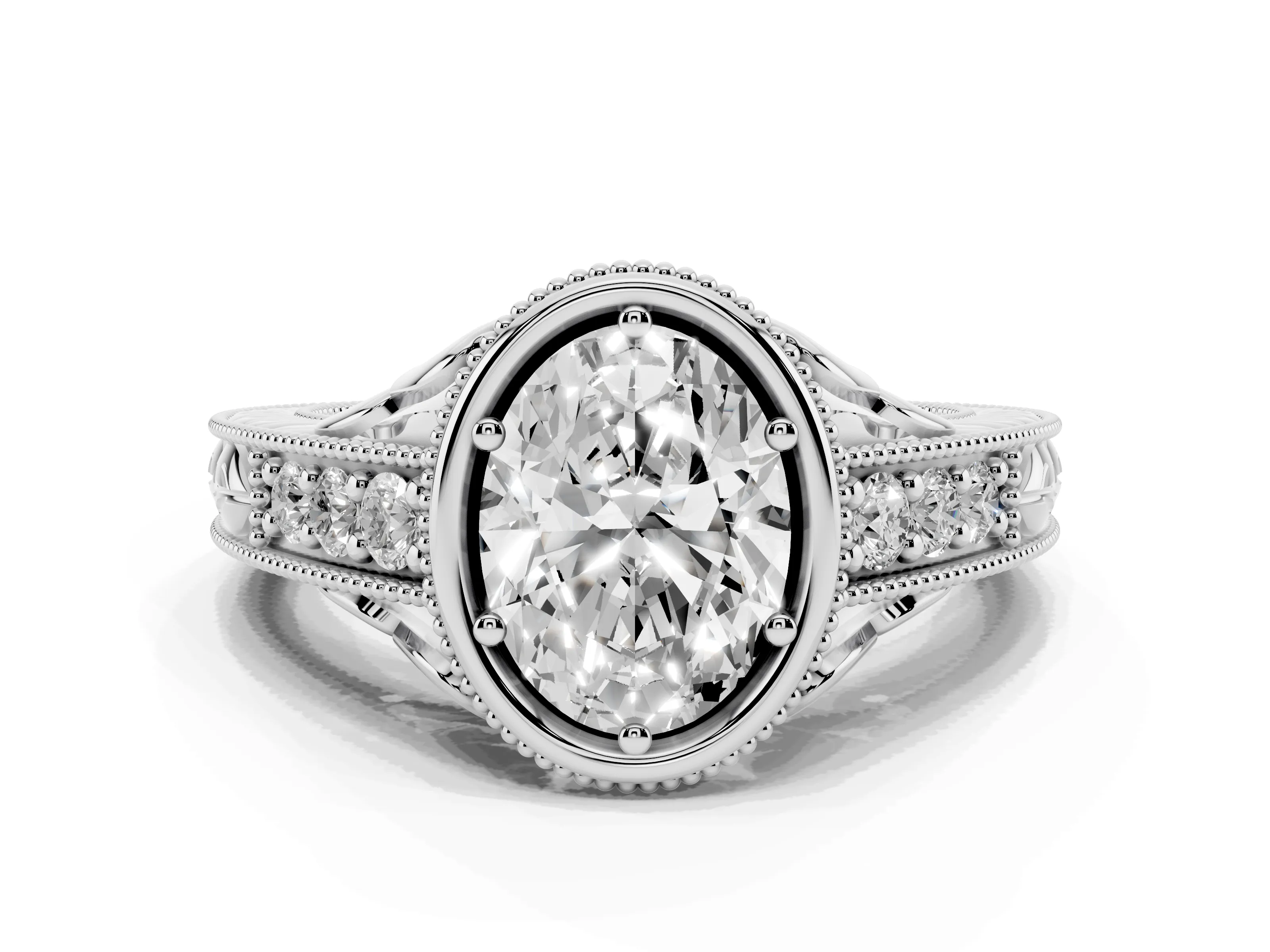 Bezel Set Oval Cut Diamond Milgrain Pavé Engagement Ring Set in Silver
