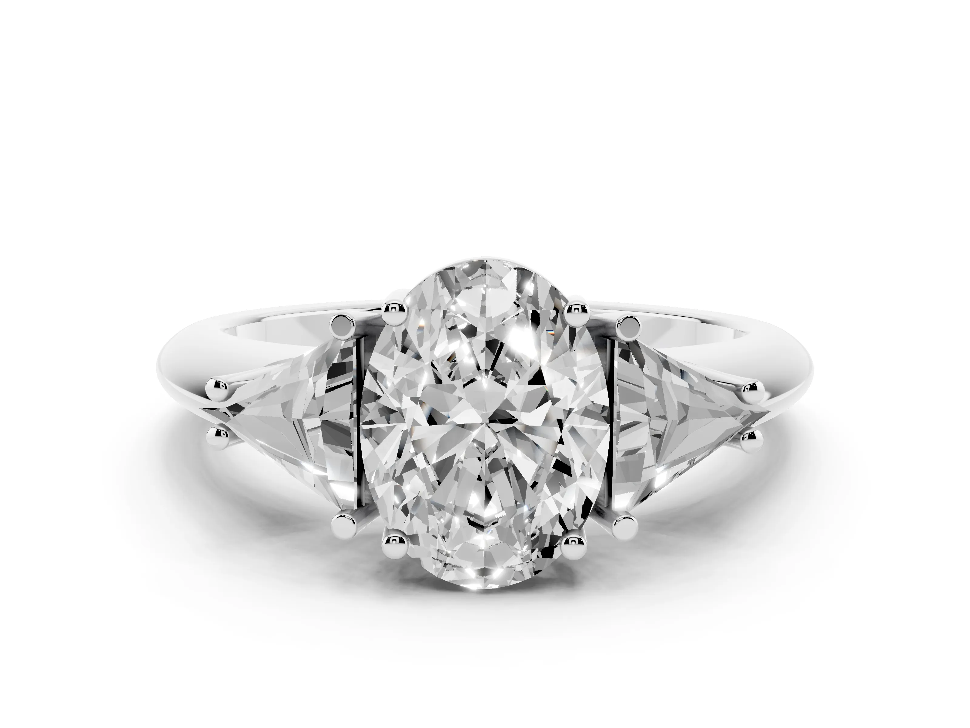 Oval Cut Diamond Three-Stone Engagement Ring Set in White gold with Trillion Side Stones