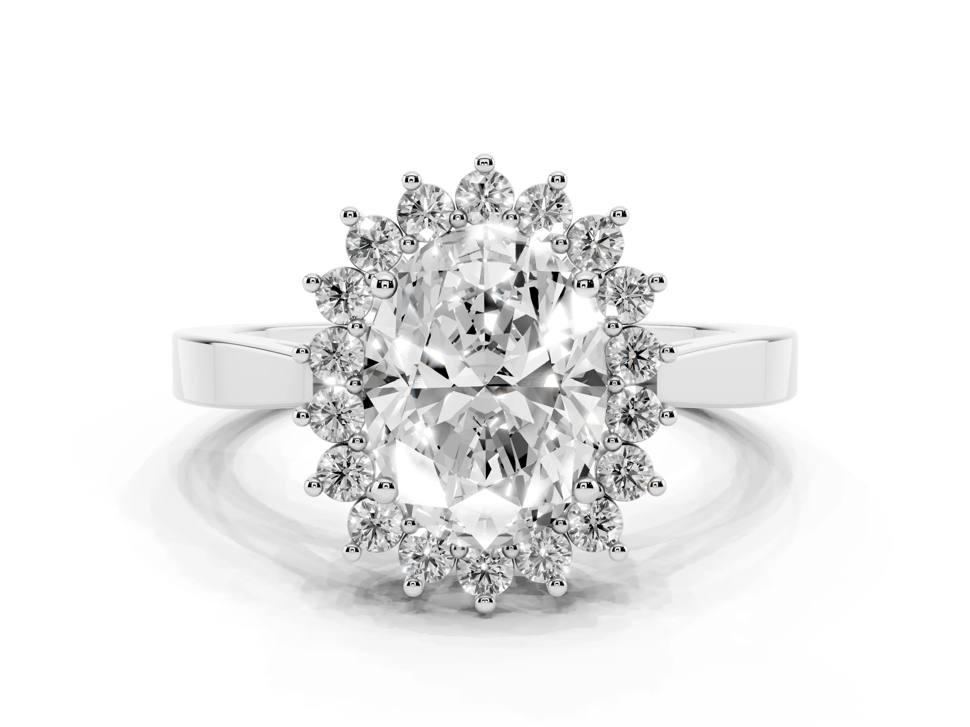 Oval Cut Diamond Halo Ring Set in Platinum with Round Halo and Smooth Solitaire Band