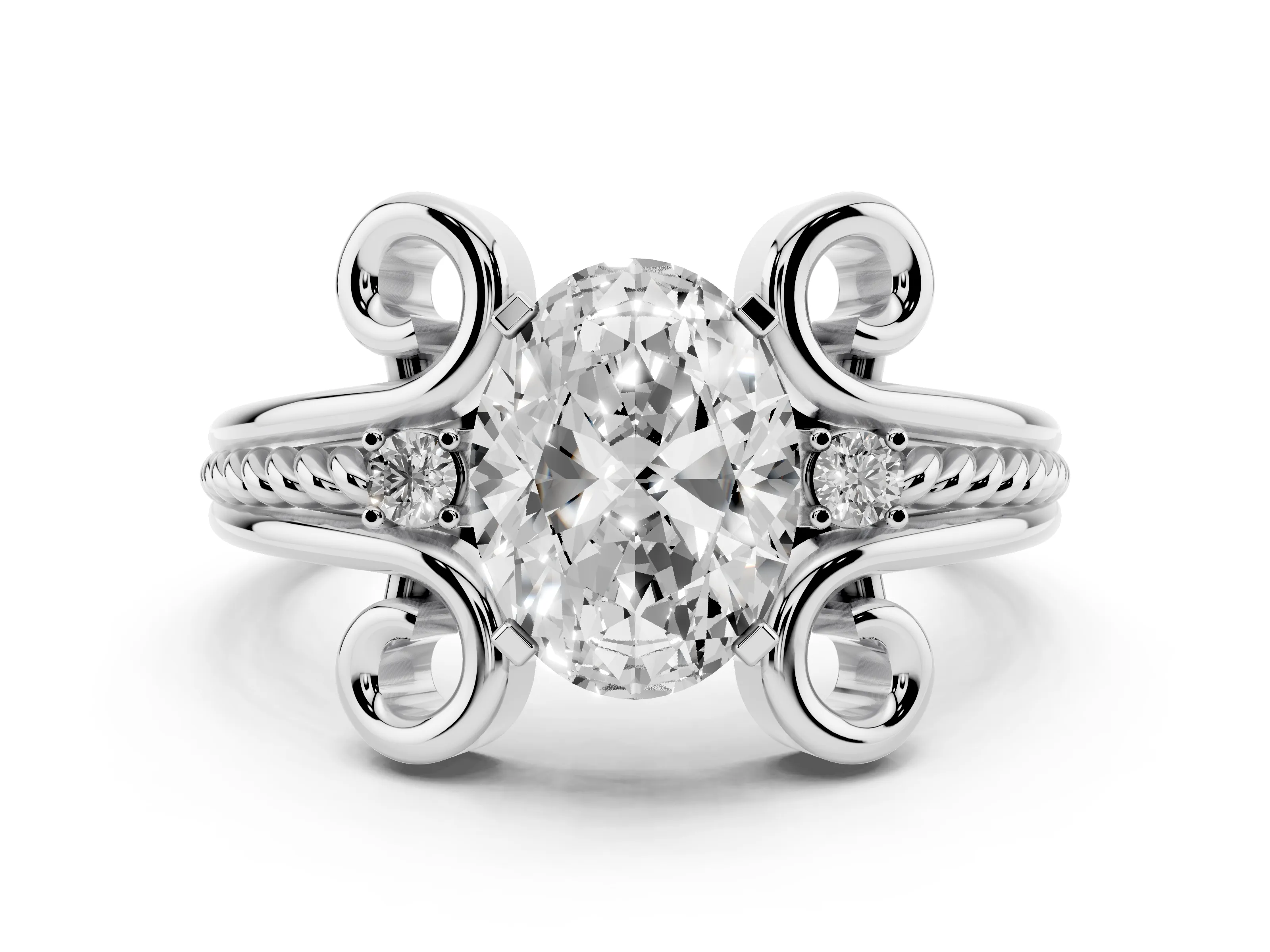 Oval Cut Diamond Twisted Band Solitaire Ring Set in Platinum with Scroll Prongs