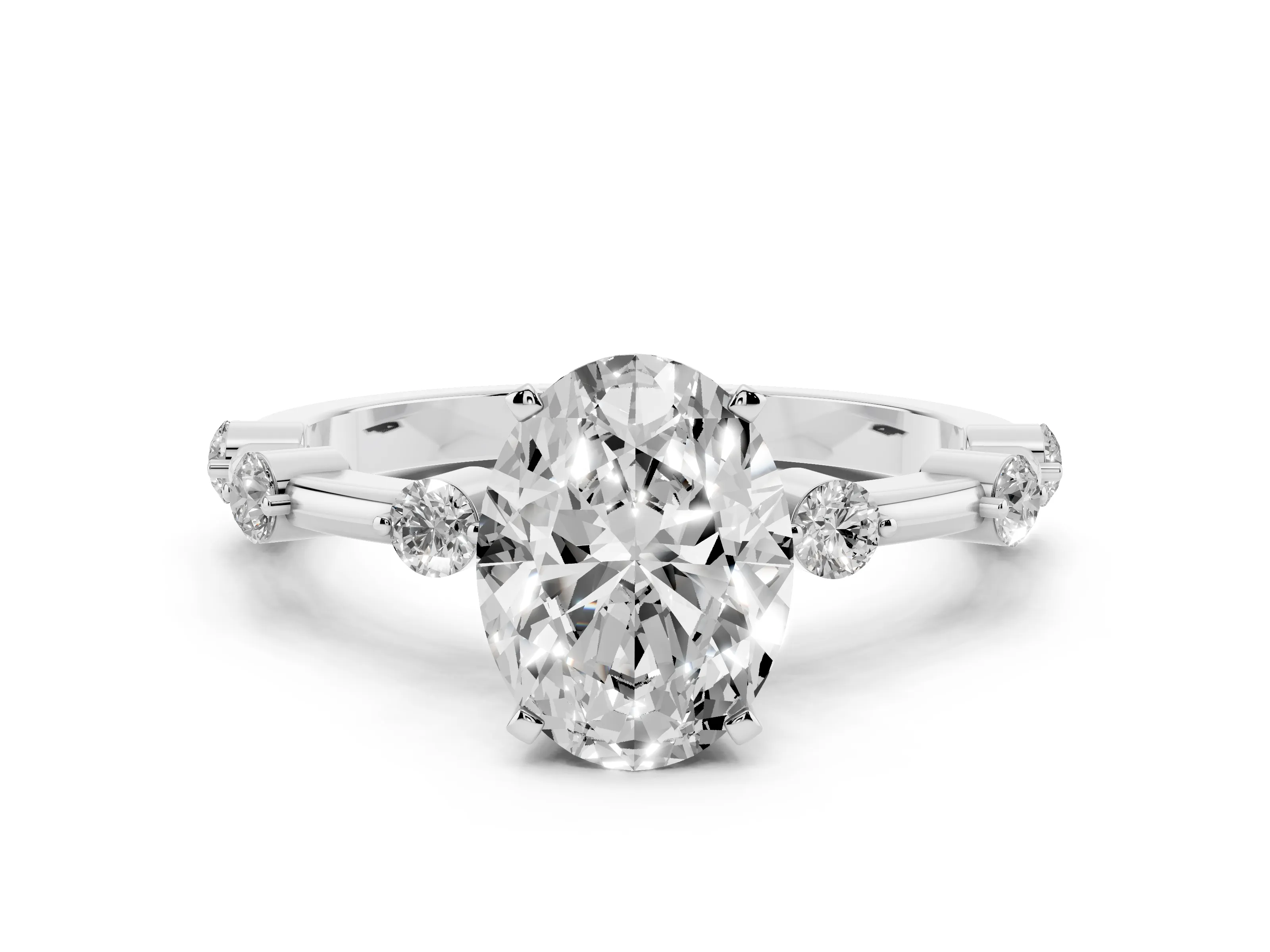 Oval Cut Diamond Solitaire Ring Set in Platinum with Bezel Set Side Stones and Prong Setting