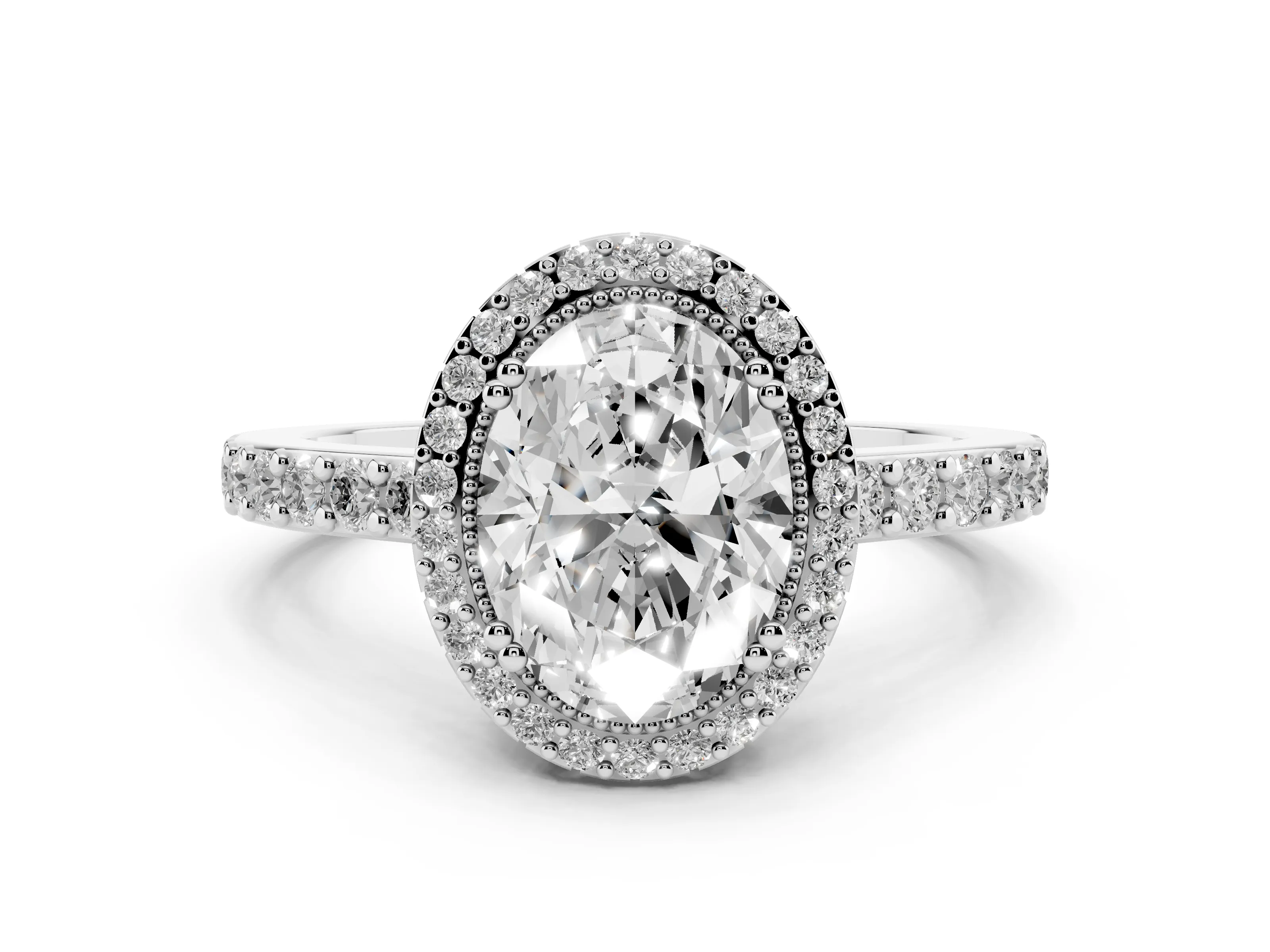 Oval Cut Diamond Halo Engagement Ring Set in Platinum with Milgrain Detail and Pavé Band