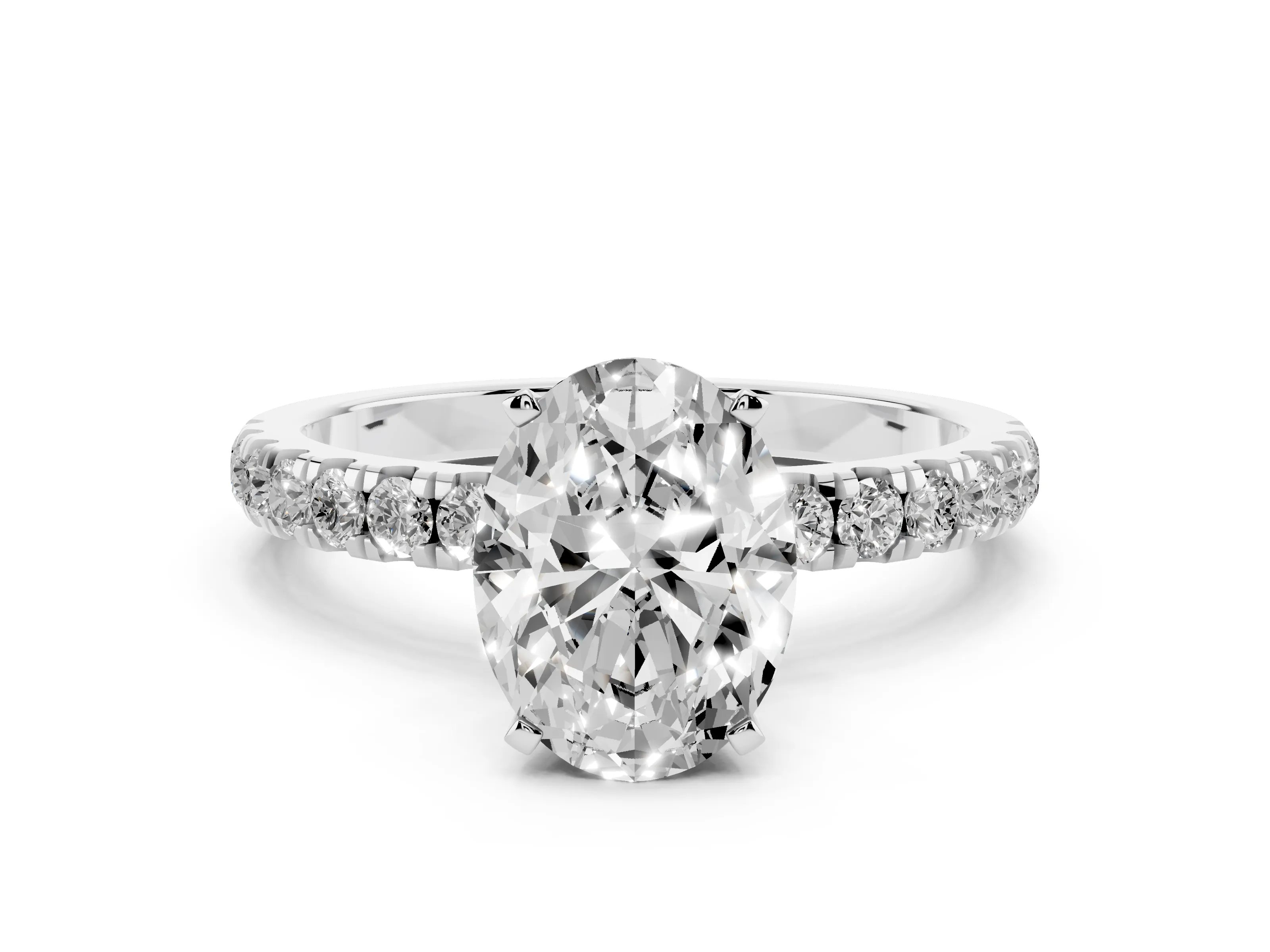 Oval Cut Diamond Solitaire Ring Set in Platinum with Pavé Accents and Prong Setting