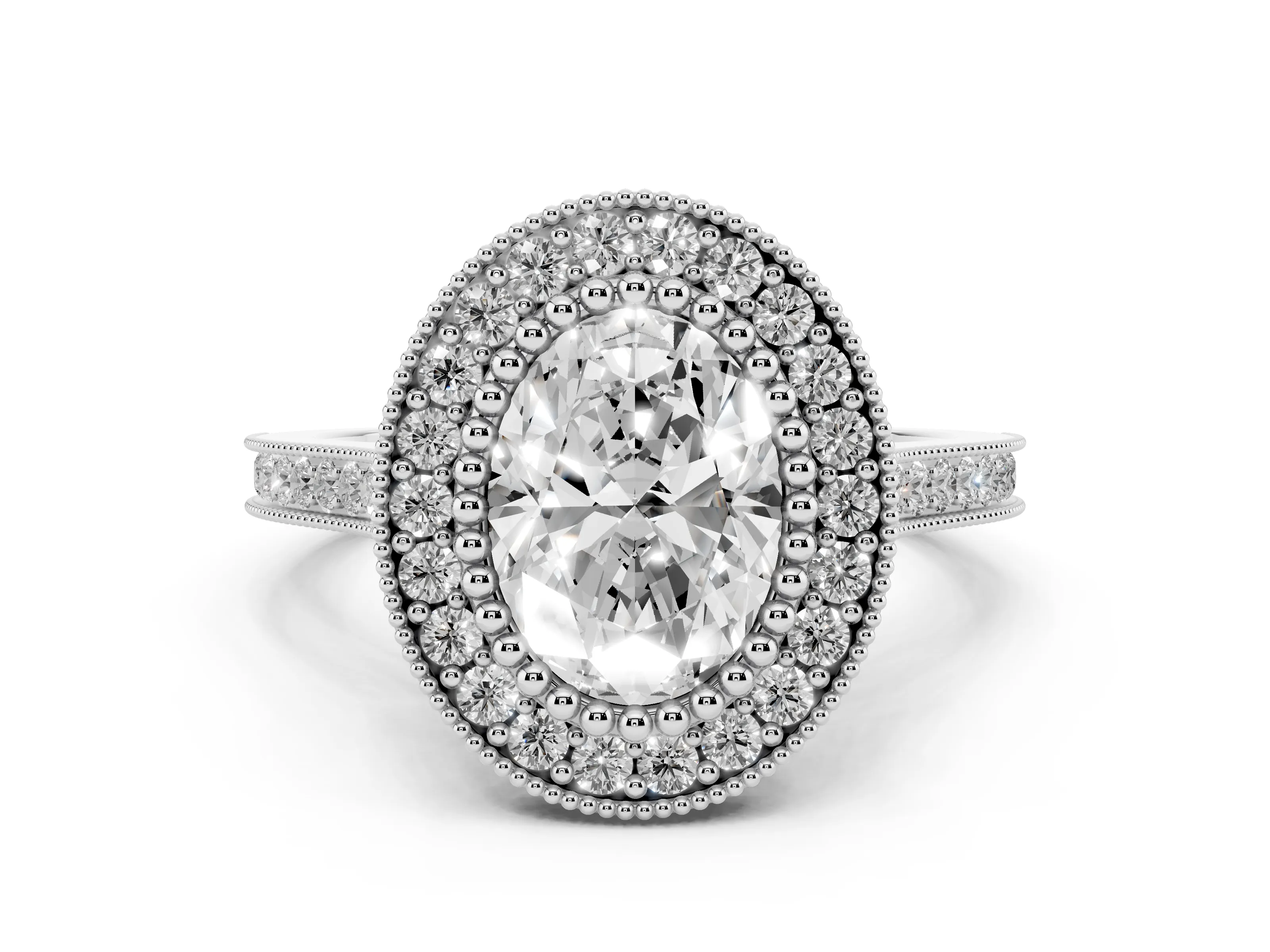 Oval Cut Diamond Halo Ring Set in White gold with Milgrain Frame and Pavé Band