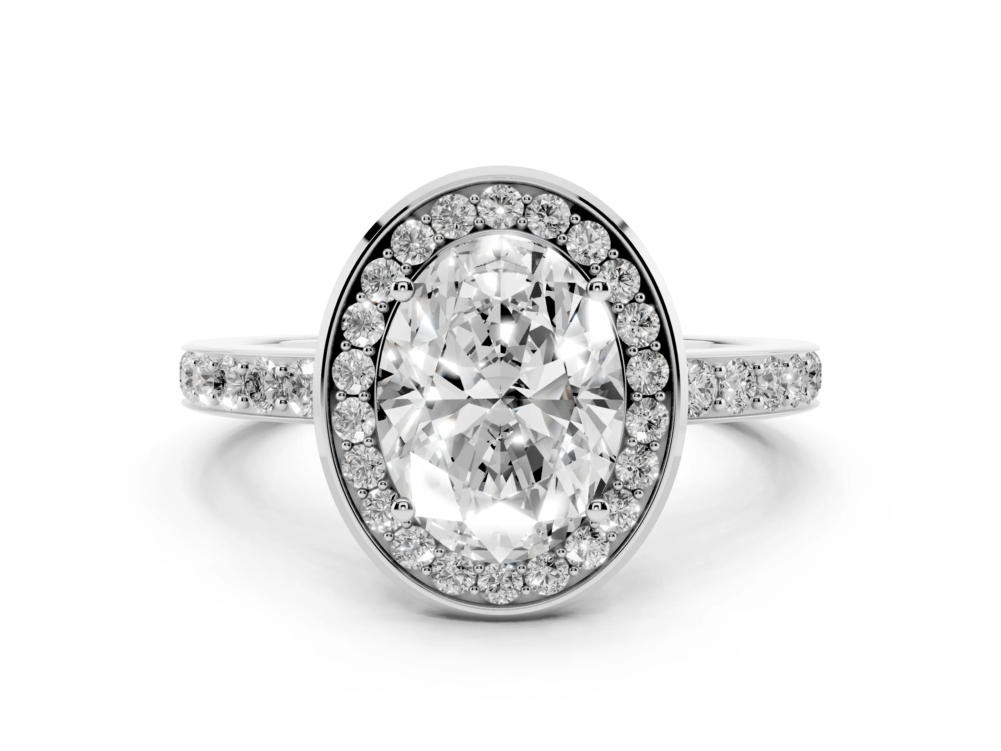 Oval Cut Diamond Halo Ring Set in Silver with Bezel Frame and Pavé Band