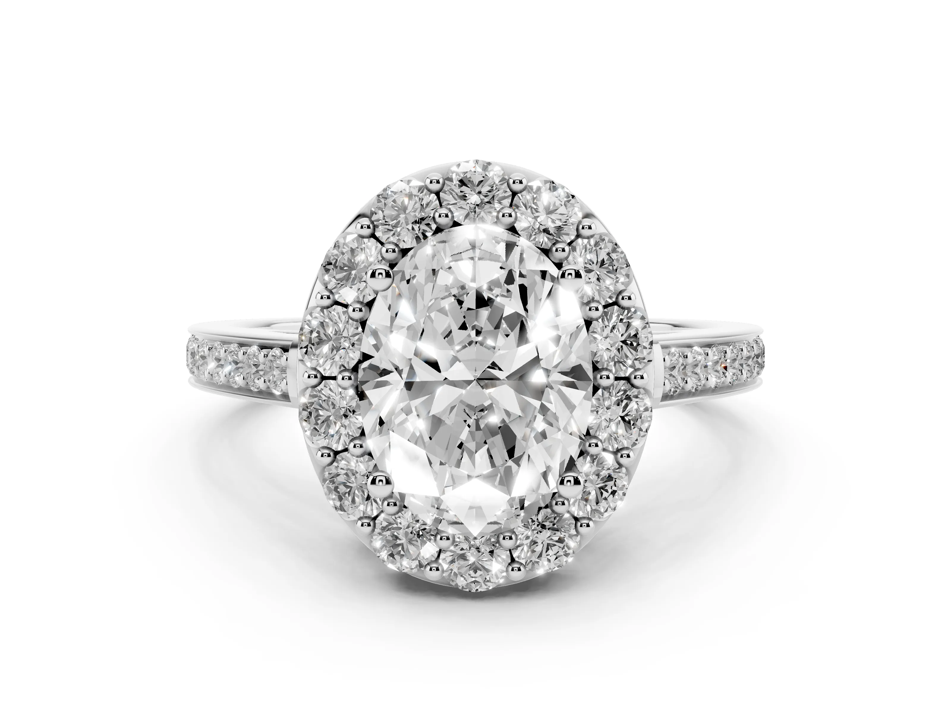 Oval Cut Diamond Floral Halo Ring Set in White gold with Pavé Band and Prong Setting