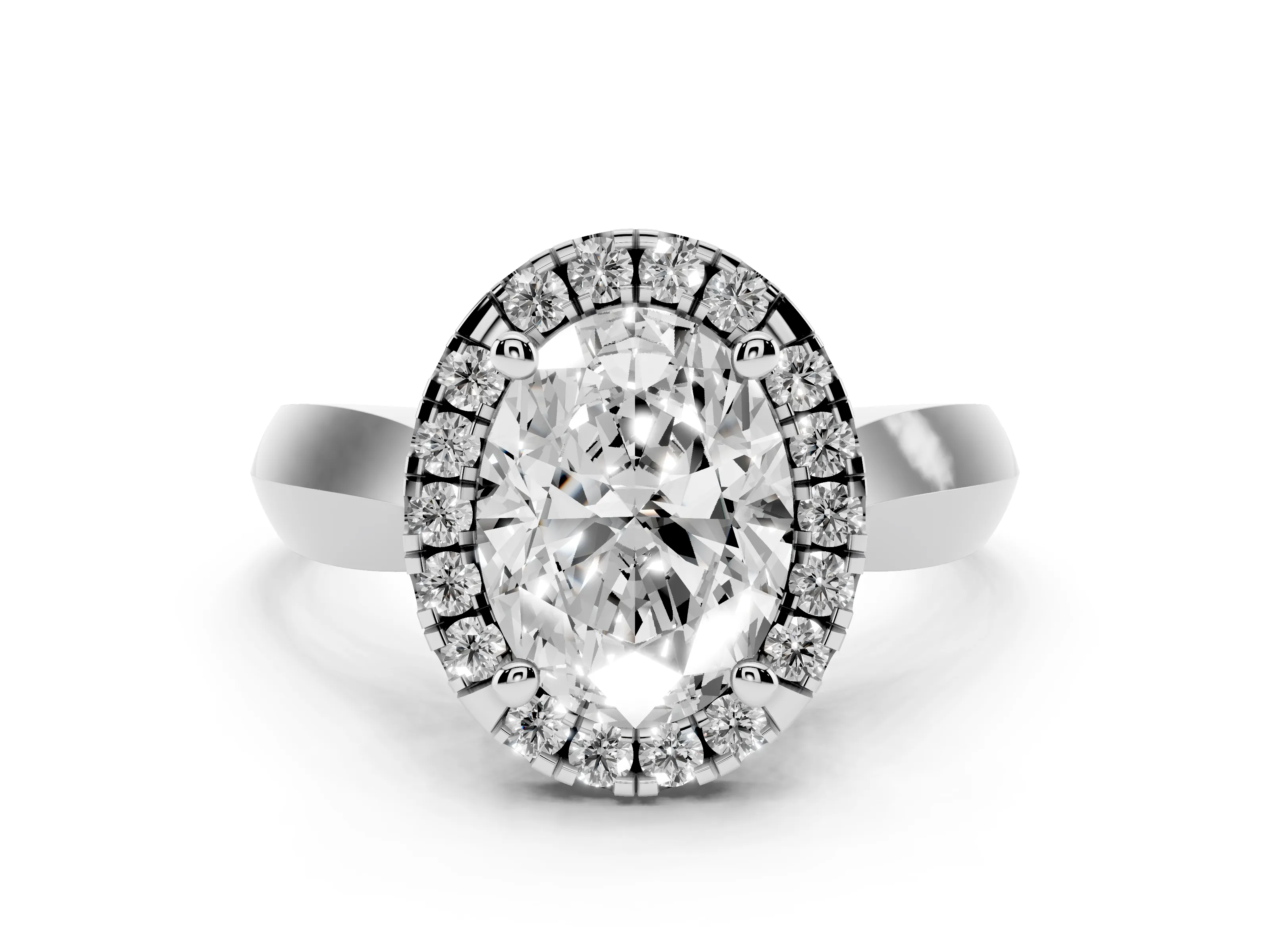 Oval Cut Diamond Halo Solitaire Engagement Ring Set in Platinum with Square Band and Prong Setting