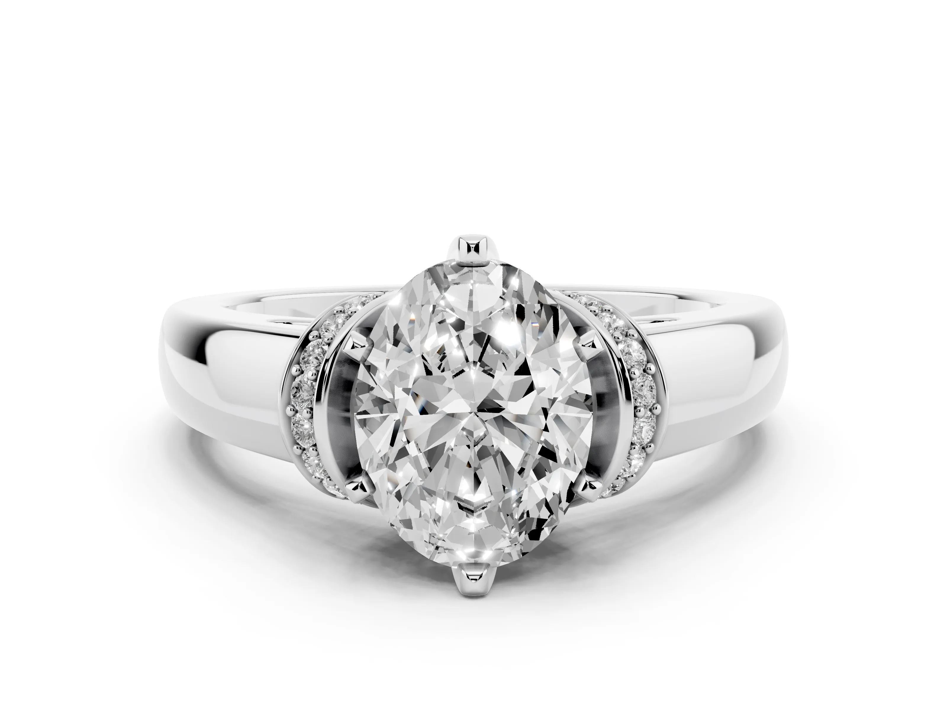 Oval Cut Diamond Pavé Band Solitaire Ring Set in Platinum with Prong Setting