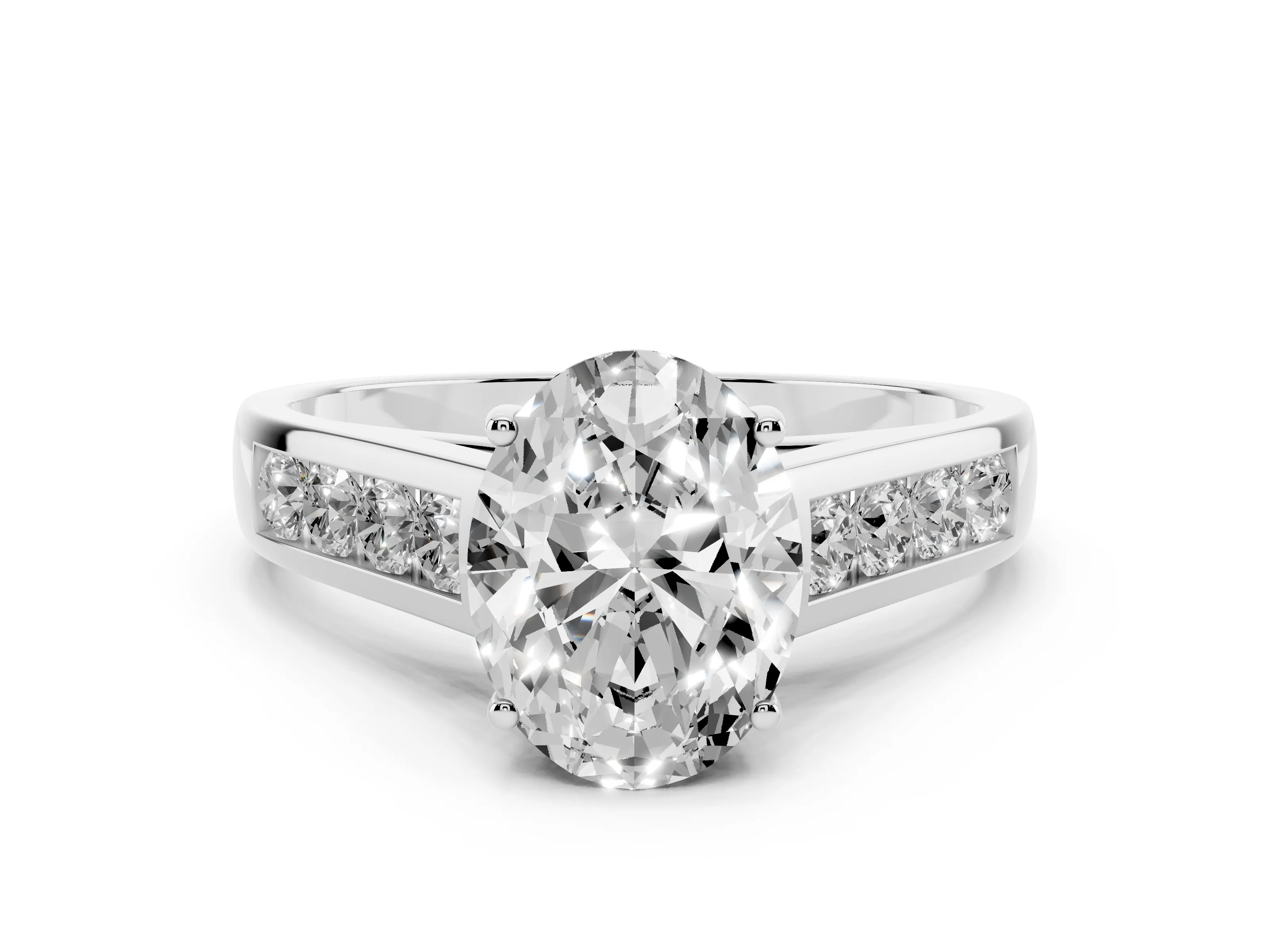 Oval Cut Diamond Solitaire Channel-Set Engagement Ring Set in Platinum with Prong Setting