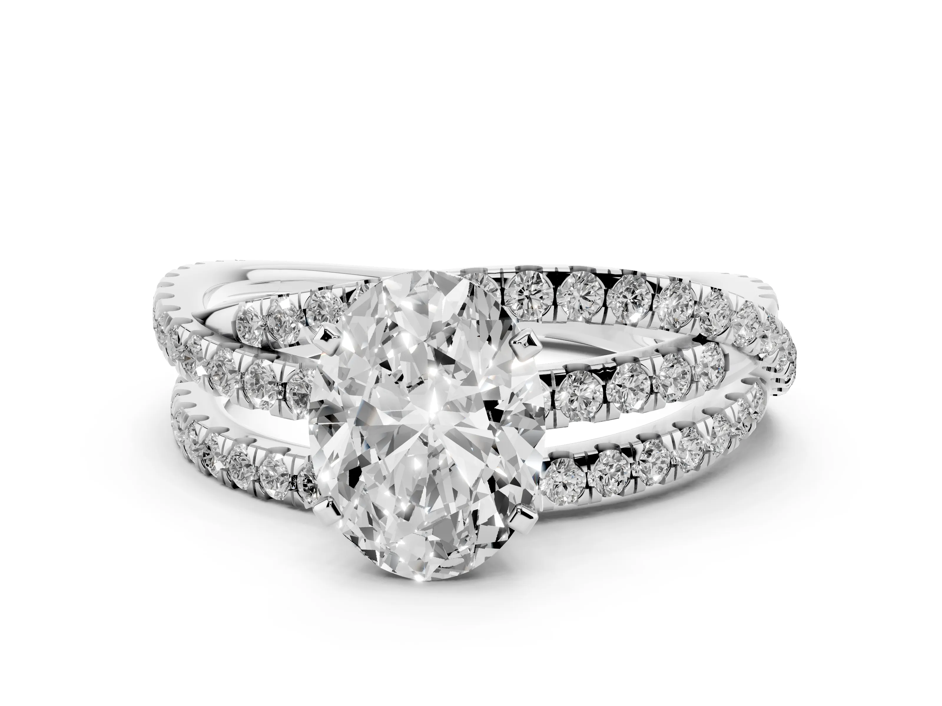 Oval Cut Diamond Solitaire Twist Band Ring Set in Silver with Pavé Setting and Prong Head