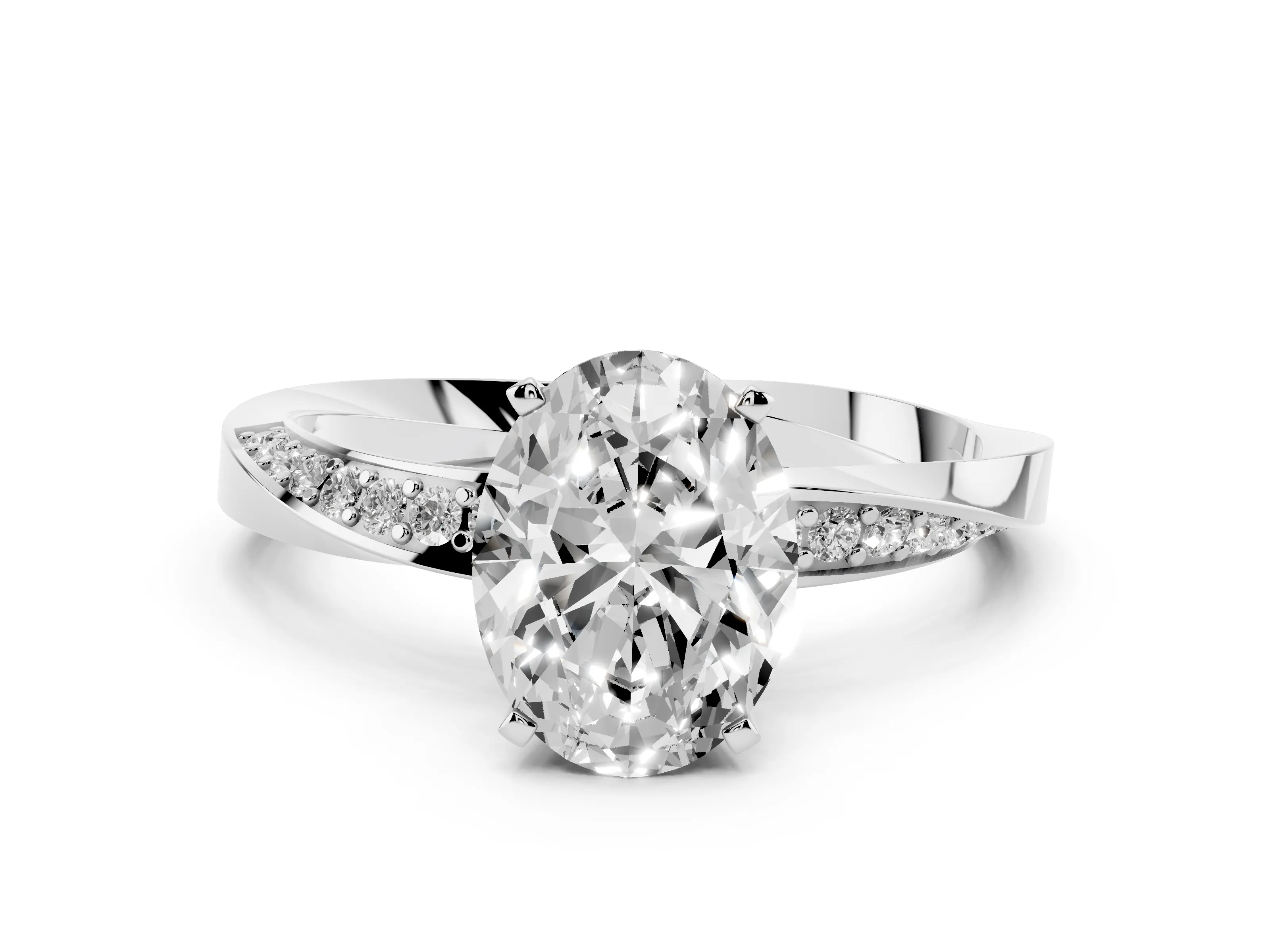 Oval Cut Diamond Engagement Ring Set in Platinum with Side Stone Accents and Prong Setting