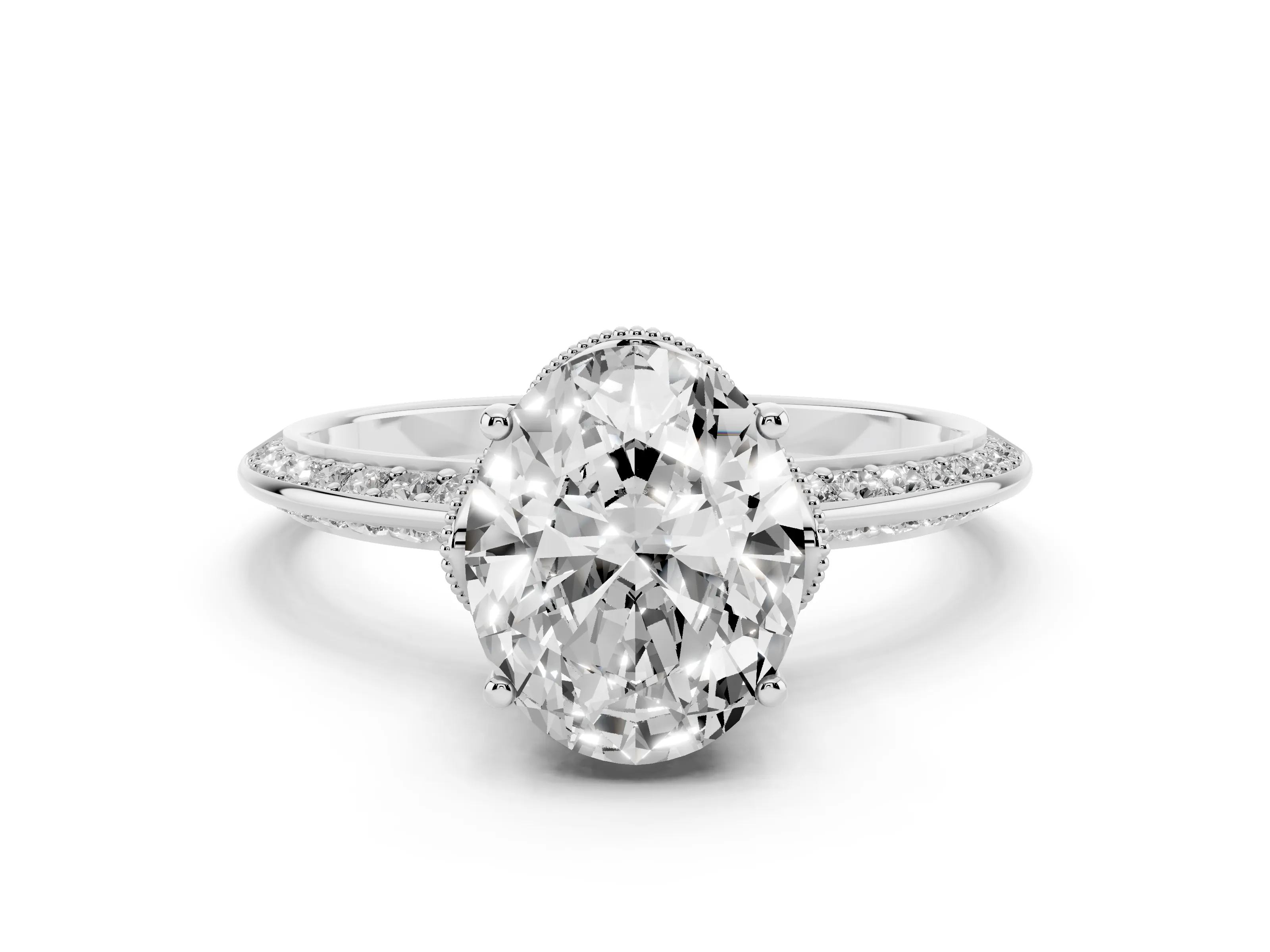 Oval Cut Diamond Solitaire Engagement Ring Set in Platinum with Pavé Split Shank and Prong Setting