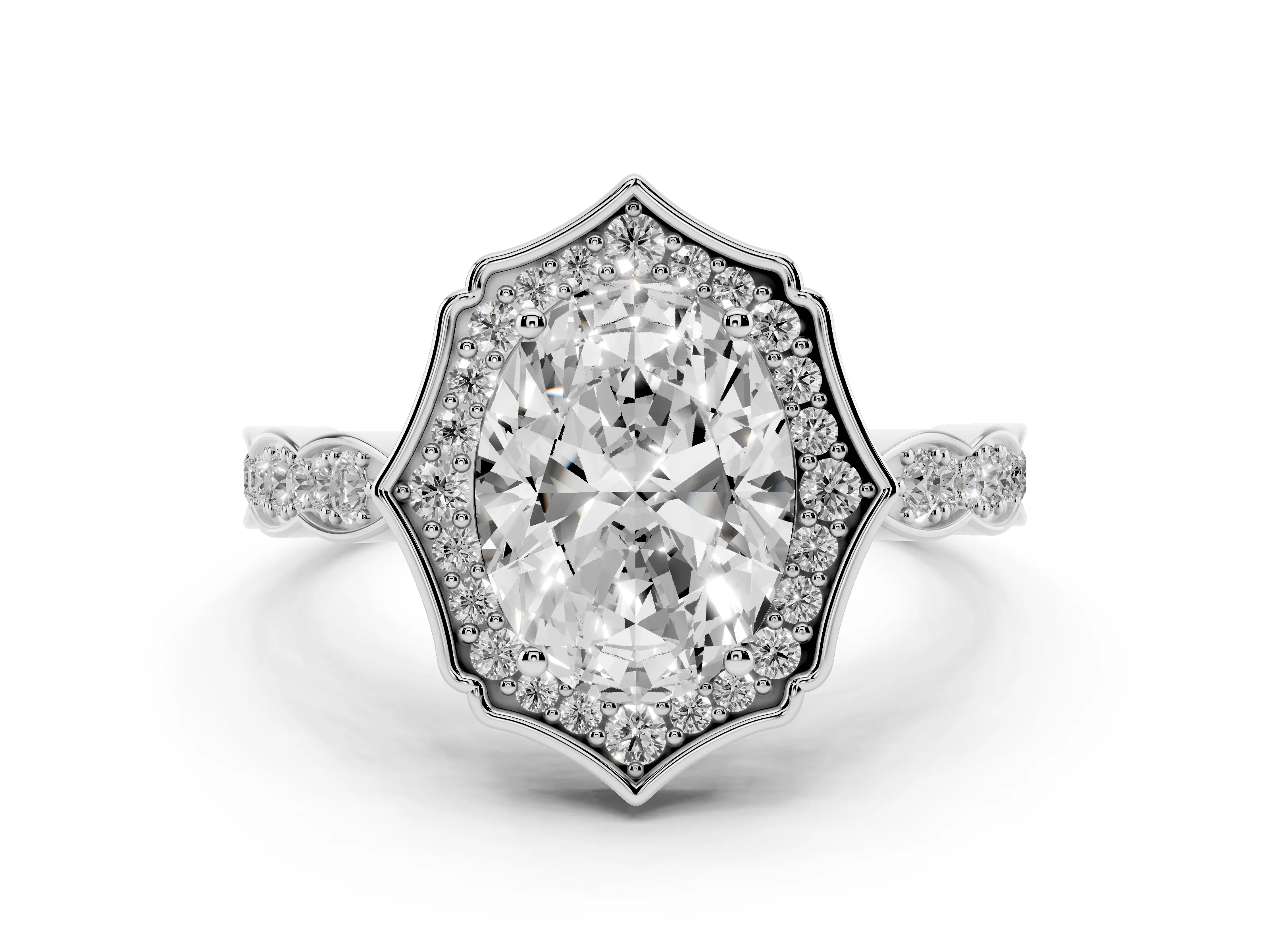 Oval Cut Diamond Halo Engagement Ring Set in White gold with Milgrain Band and Prong Setting
