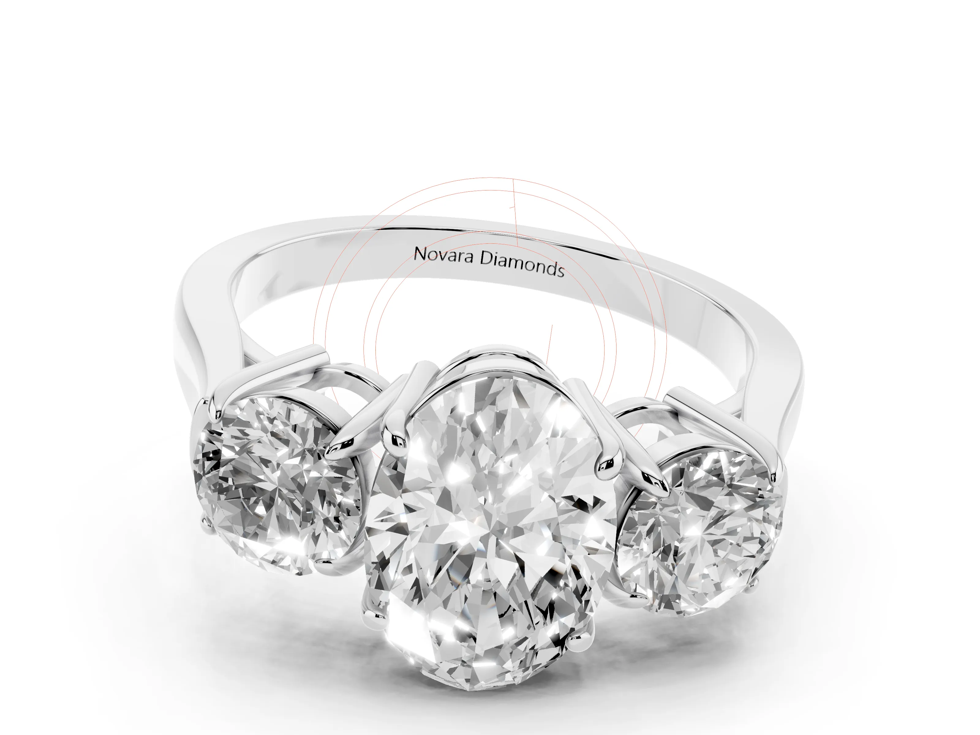 Oval Cut Diamond Three-Stone Ring Set in Silver with Round Accent Stones and Plain Band