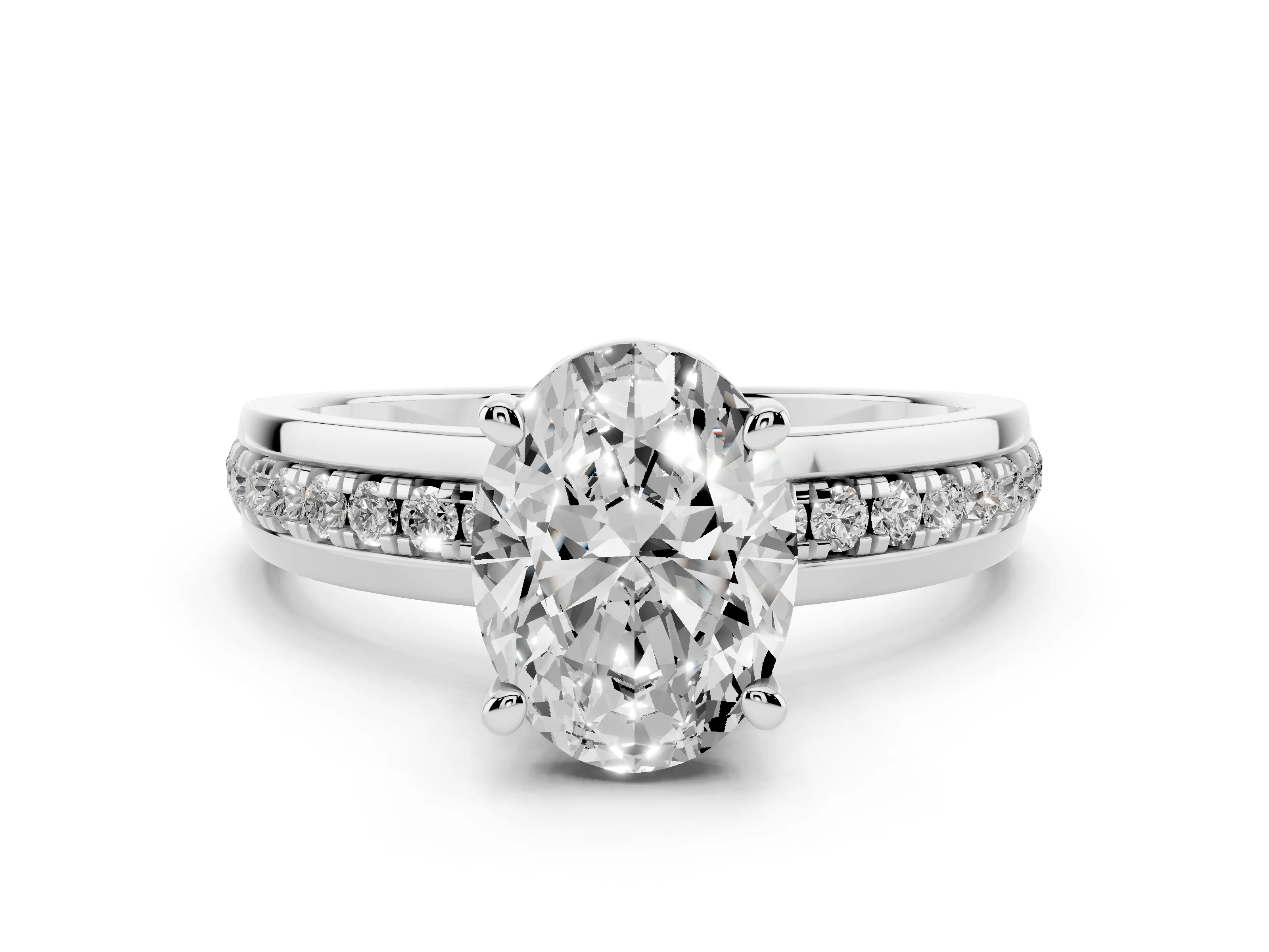 Oval Cut Diamond Solitaire Ring Set in Platinum with Channel Set Band and Prong Setting