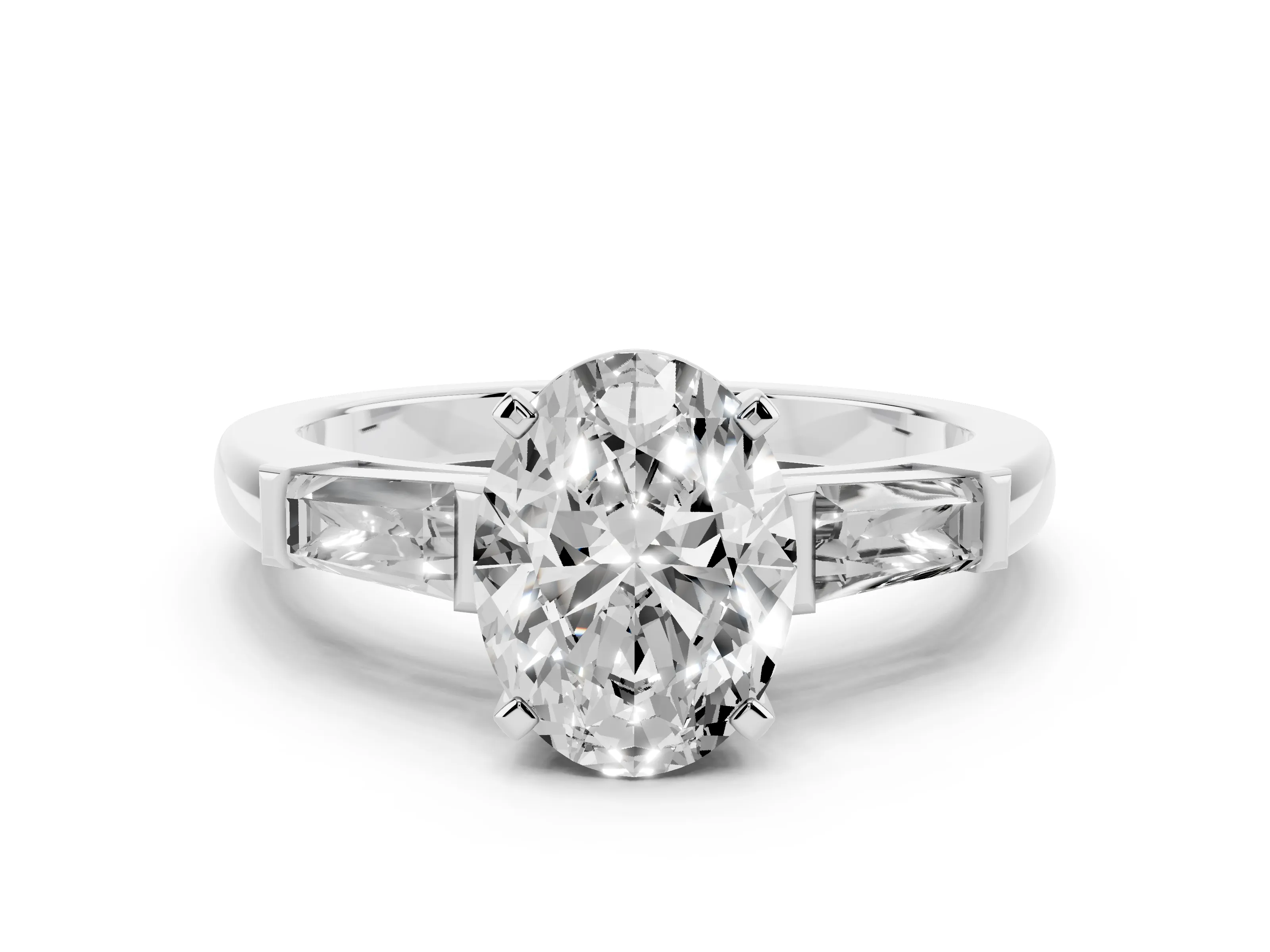 Oval Cut Diamond Solitaire Ring Set in Platinum with Tapered Baguette Side Stones and Prong Setting