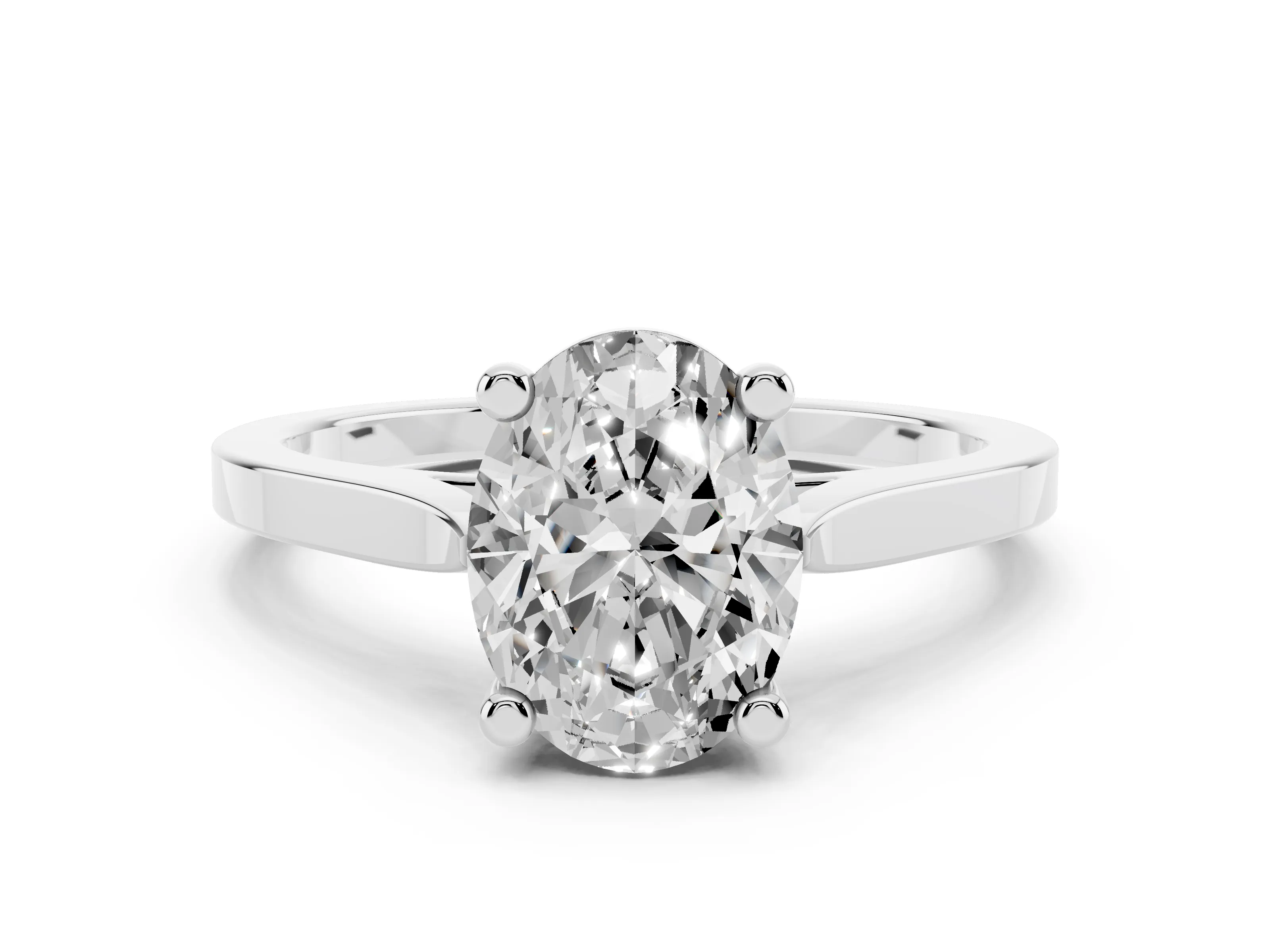 Oval Cut Diamond Solitaire Ring Set in Platinum with Prong Setting and Tapered Band