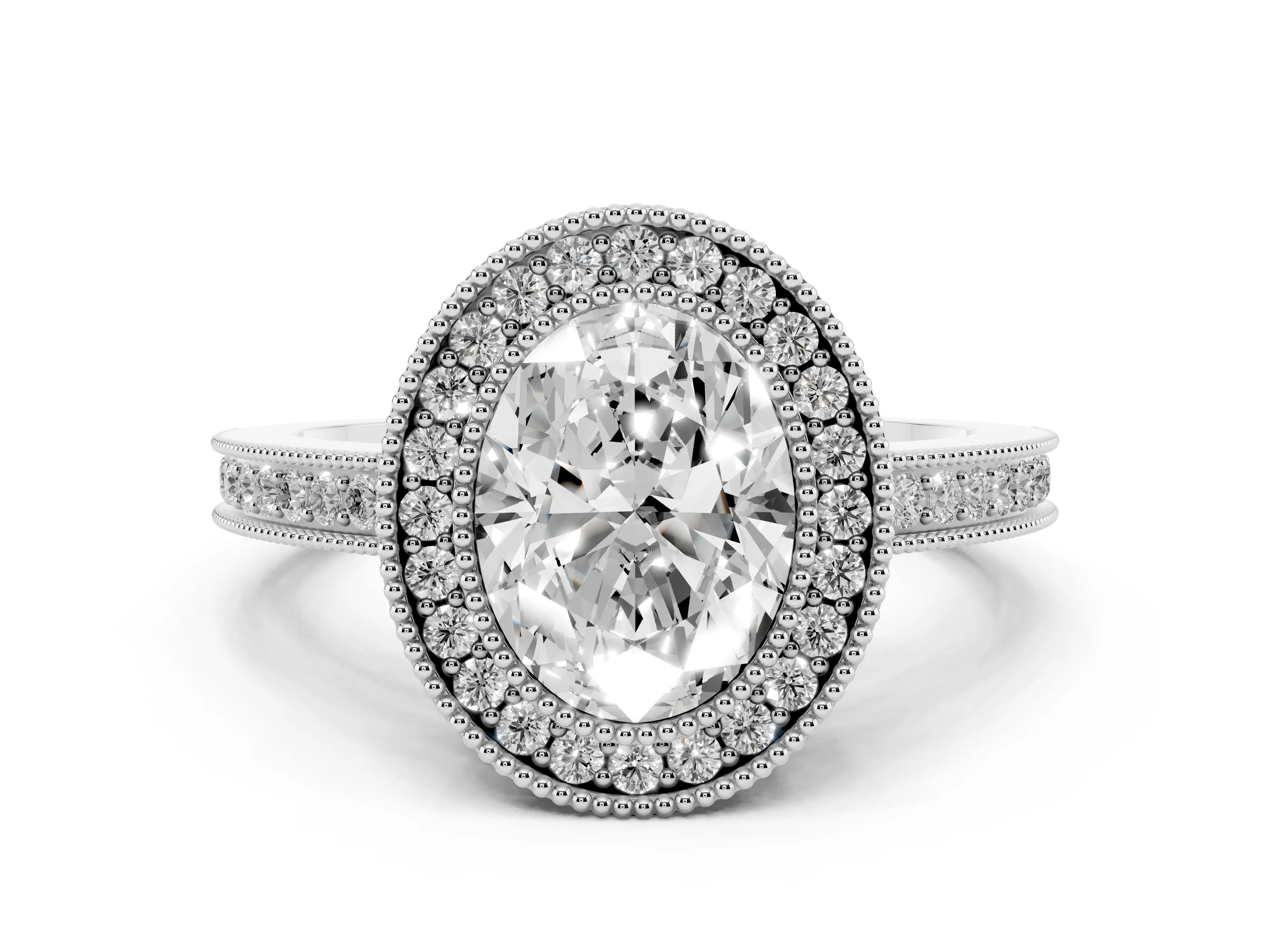 Oval Cut Diamond Halo Ring Set in Platinum with Pavé Band and Milgrain-Edged Prongs