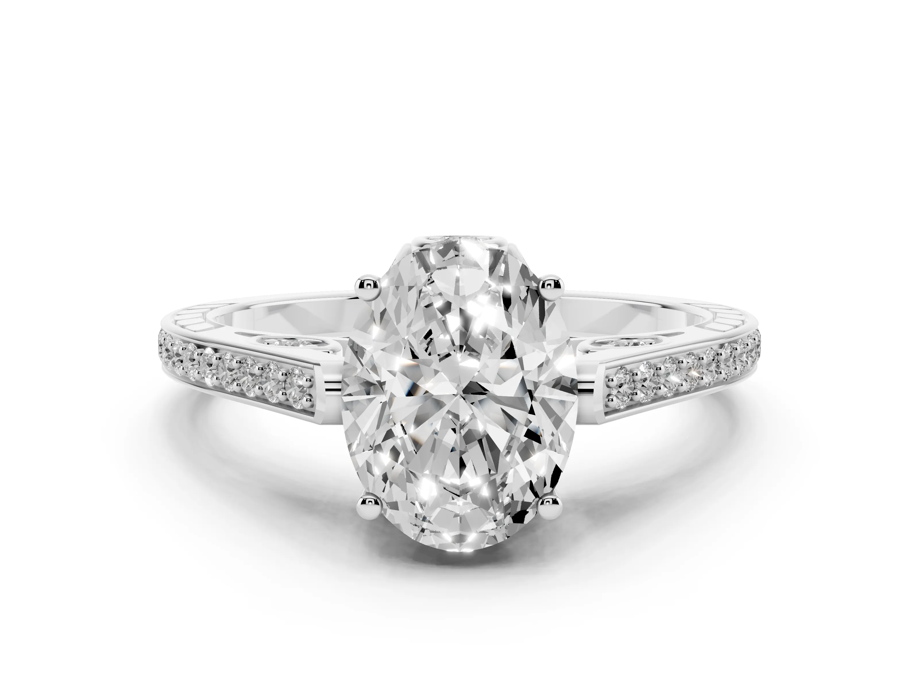 Oval Cut Diamond Cathedral Pavé Engagement Ring Set in White gold with Prong Setting