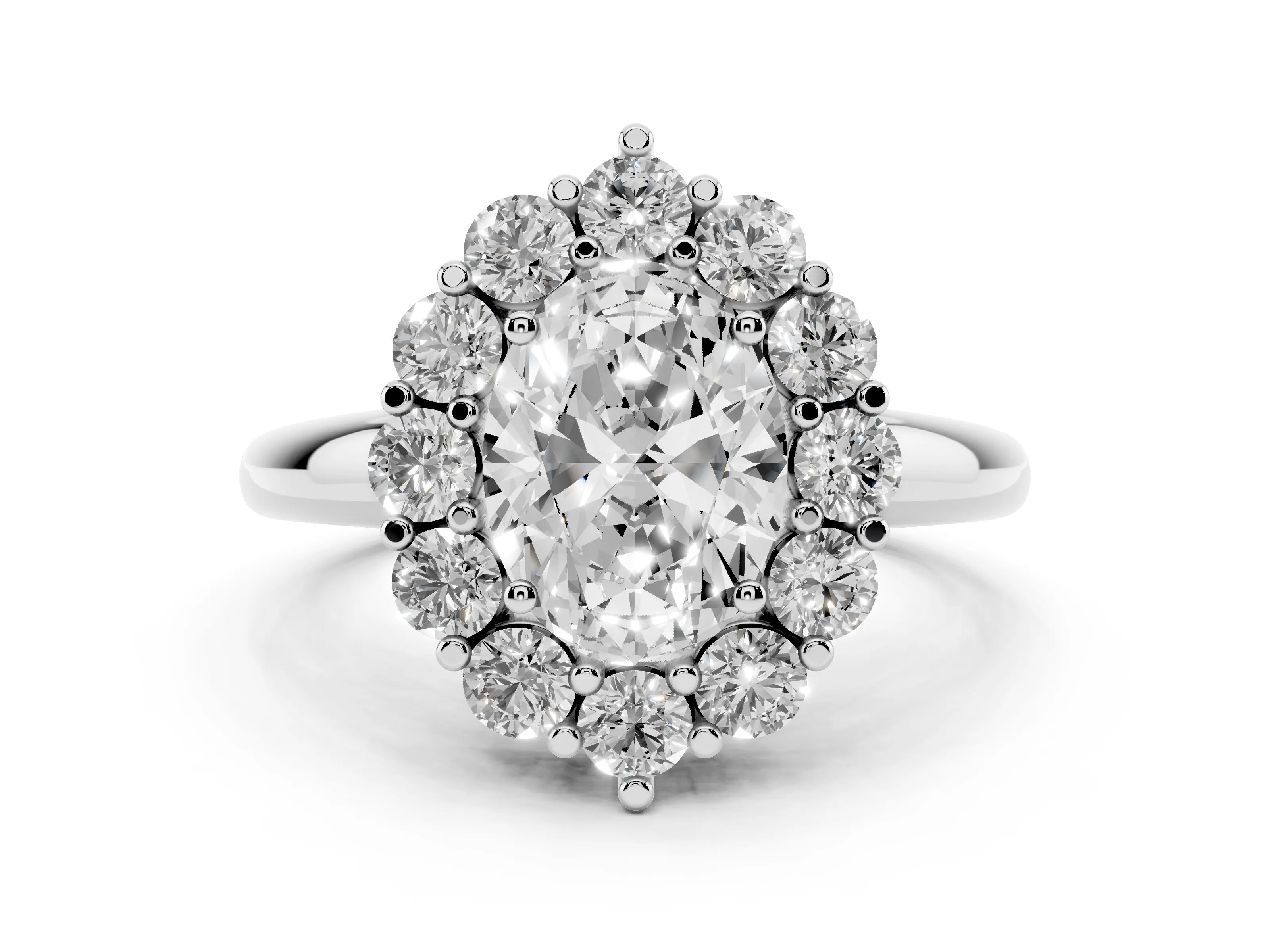 Oval Cut Diamond Halo Cluster Engagement Ring Set in Platinum with Polished Band and Prong Setting